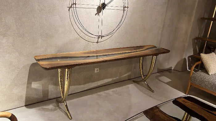 Ivory Collection epoxy resin sofa and console table made of walnut wood with golden aluminum legs