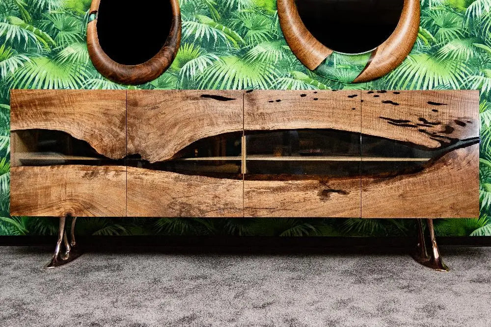 Osso collection resin credenza sideboard with walnut doors and resin accents