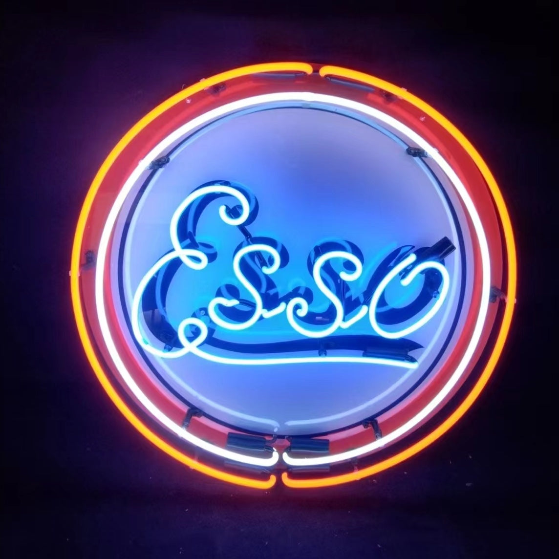 Vintage Style Esso Logo Neon Sign Light with bright neon tubes on an acrylic printed or metal grid backing