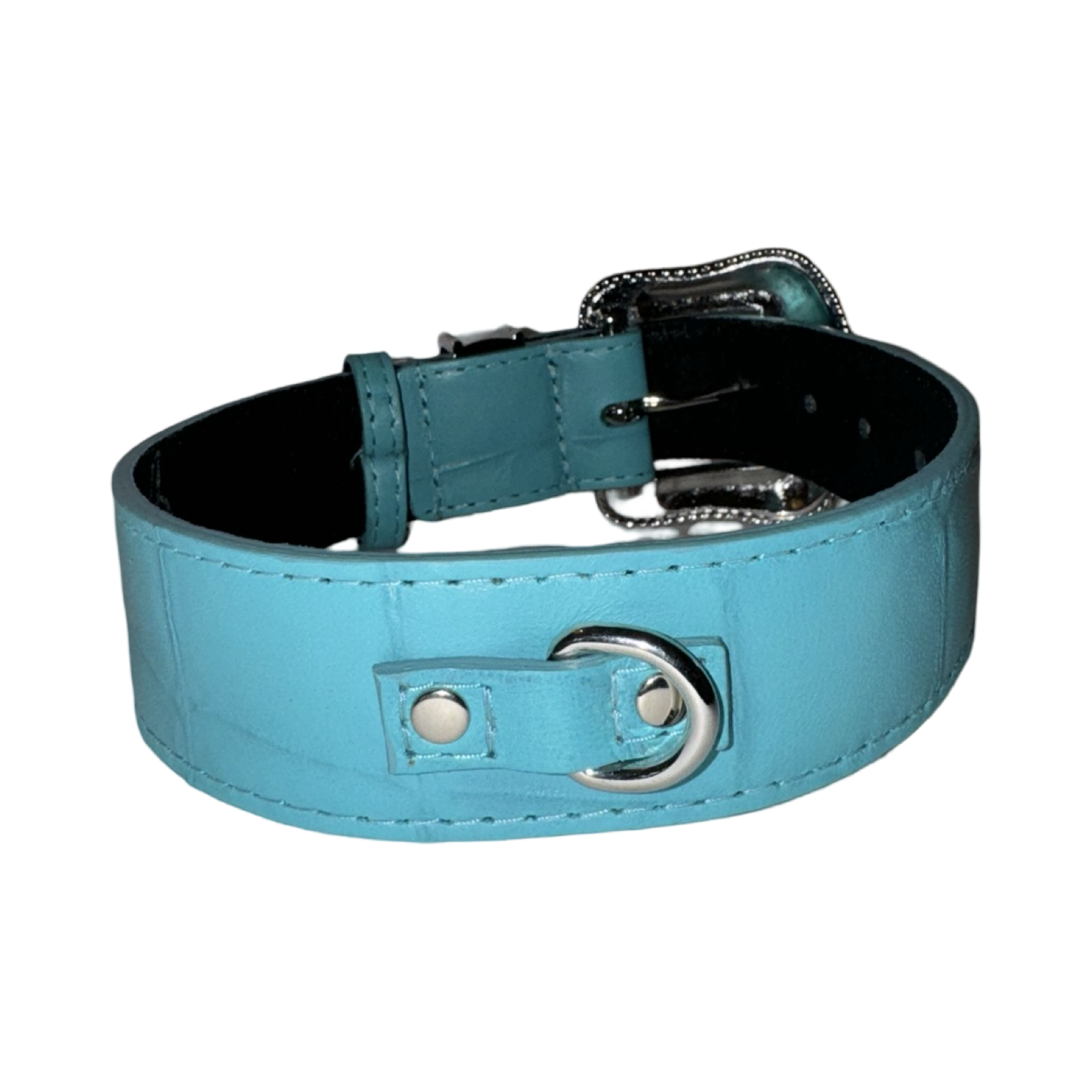 The Tiffany Collection. Gorgeous Turquoise Blue Embossed Croc Italian Leather Collar with Custom Silver Swarovski Crystal Hardware