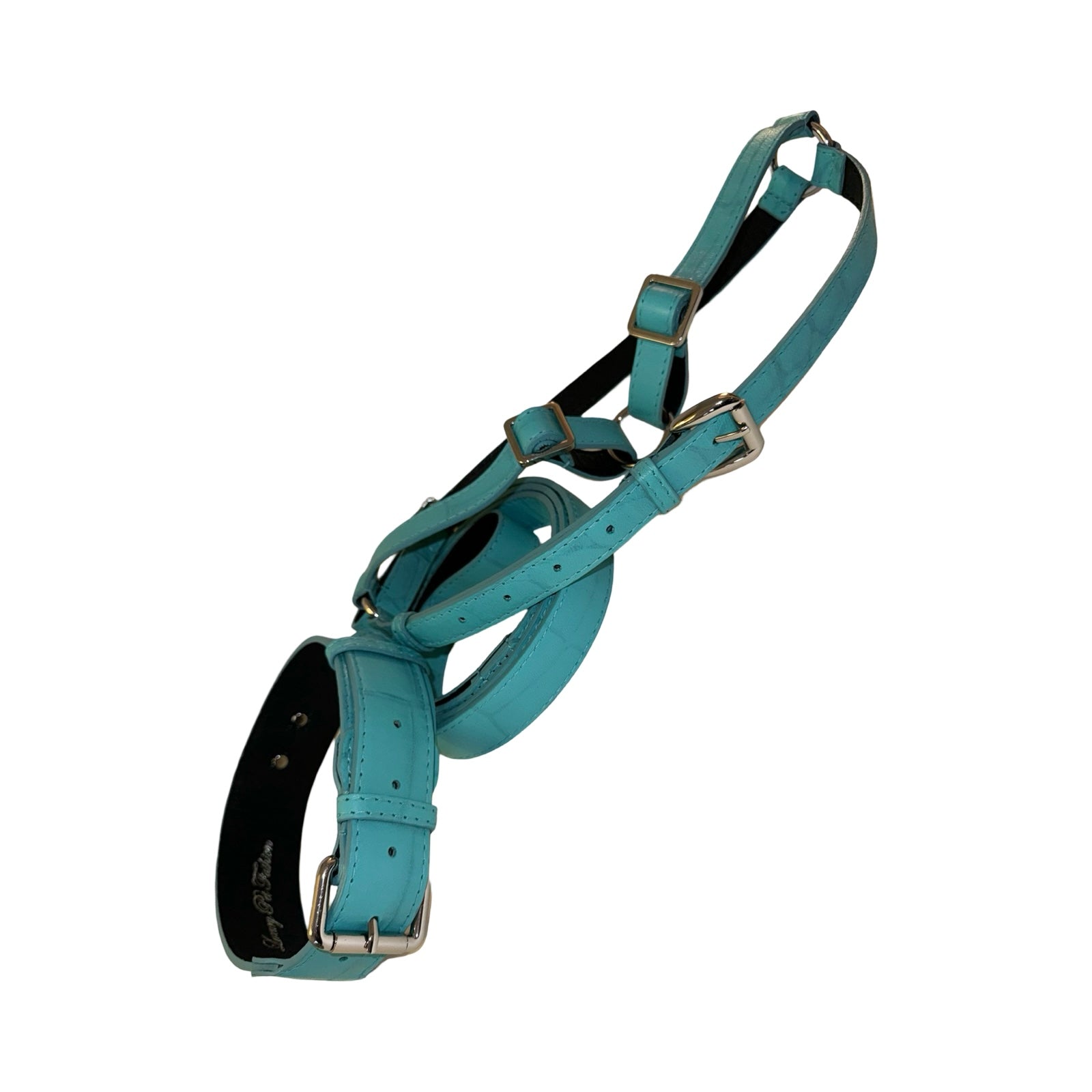 Turquoise blue embossed croc Italian leather dog collar, leash, and harness set with classic hardware