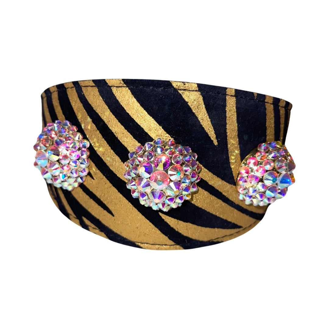 Glam Black & Gold Zebra Italian Leather Collar with Swarovski crystal rivets by Allysa Payne Beverly Hills