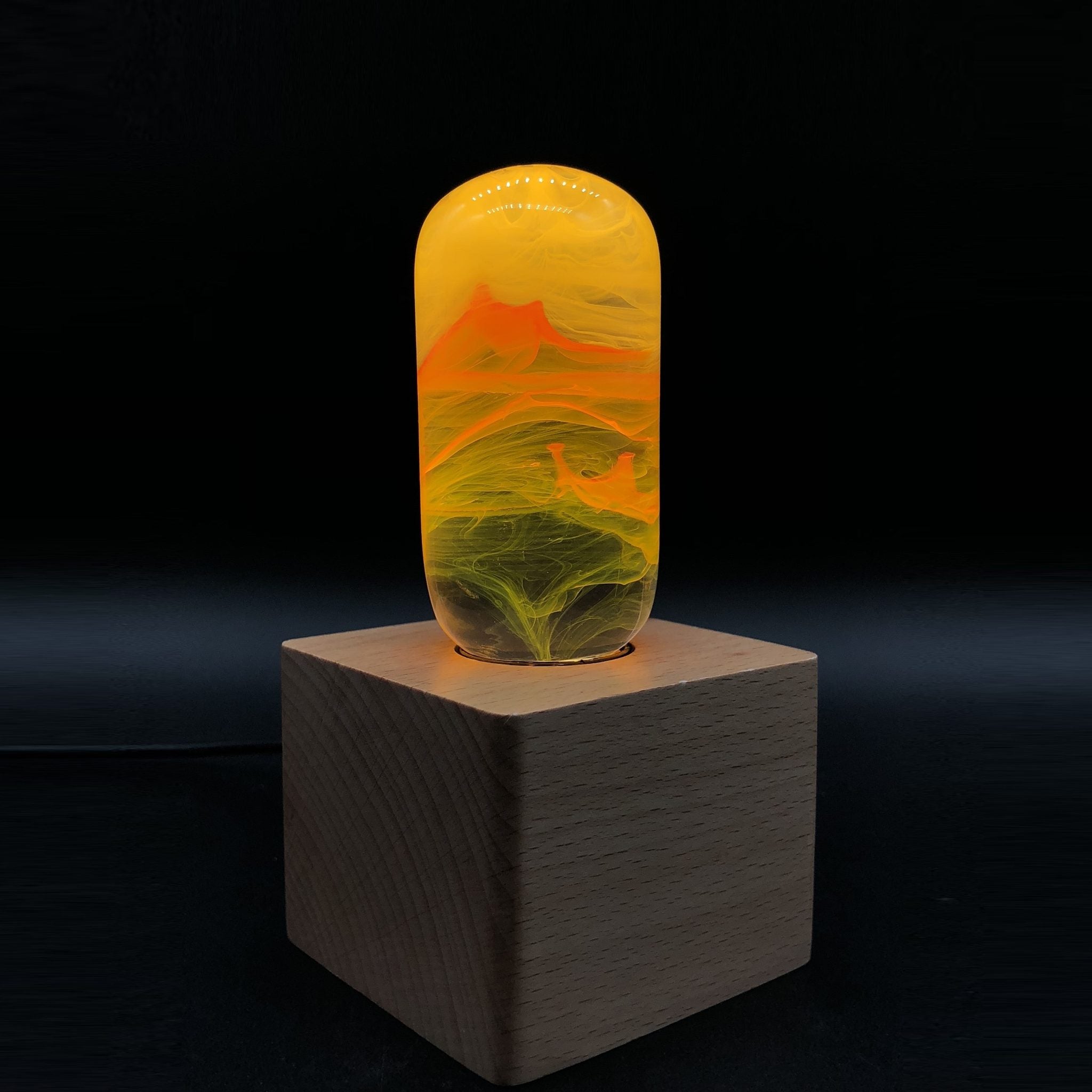 Handcrafted flame resin LED table lamp with wooden cube base