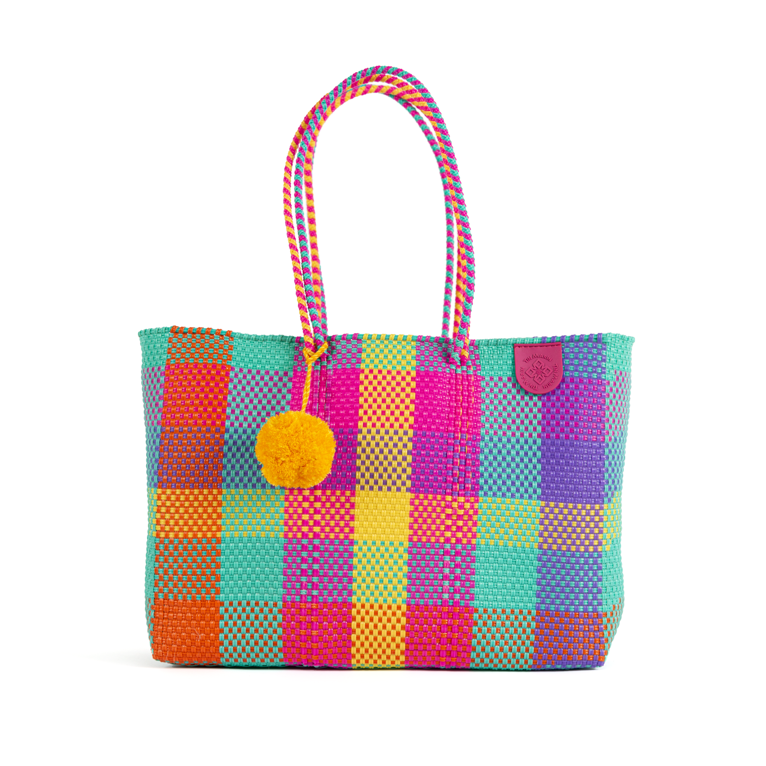 Fiesta Woven Super Tote in multicolor with pompom detail and woven shoulder straps