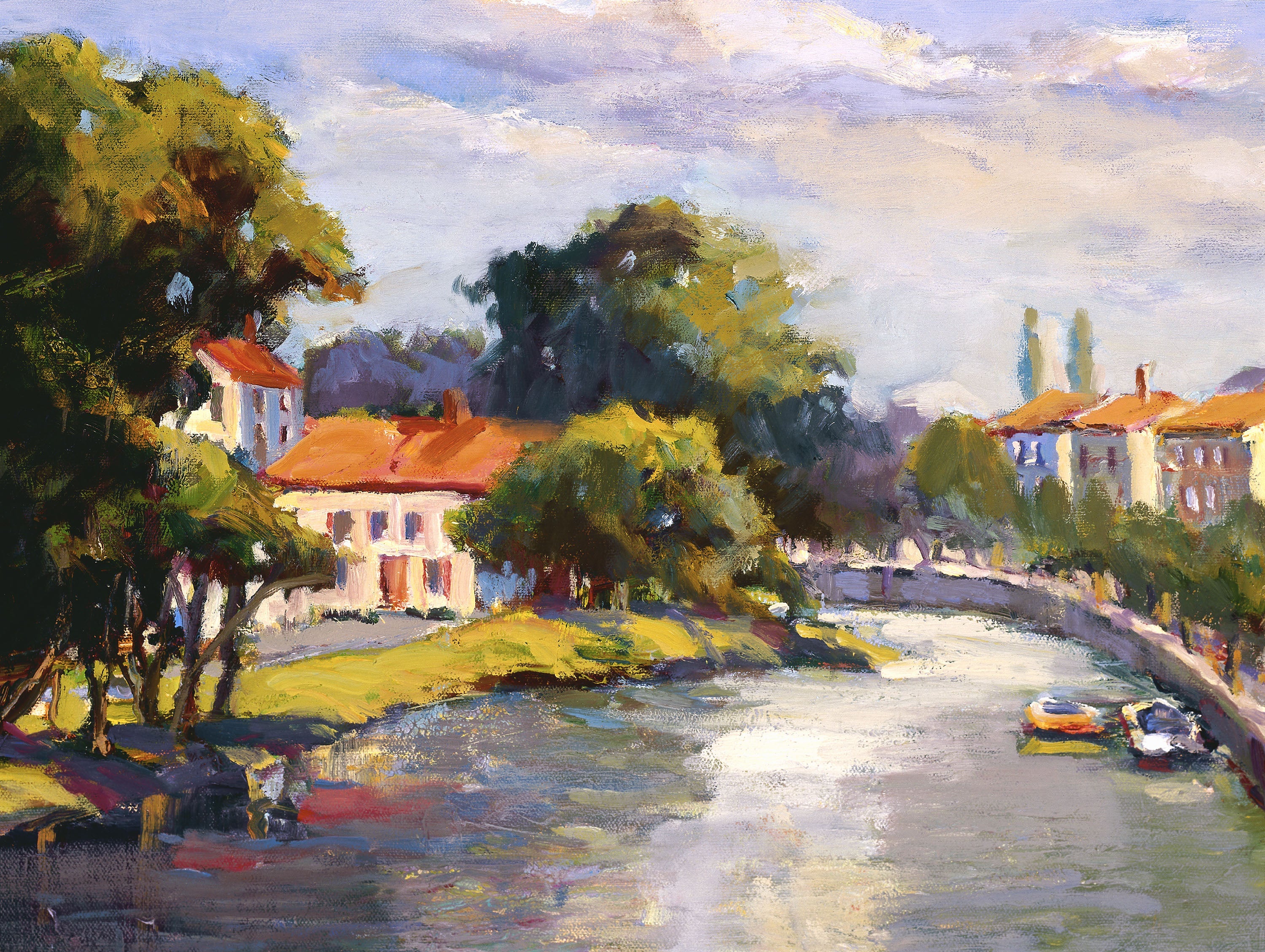 French Village with Canal Artist Enhanced Canvas Print by John Beard Collection - main product image for Resin Society