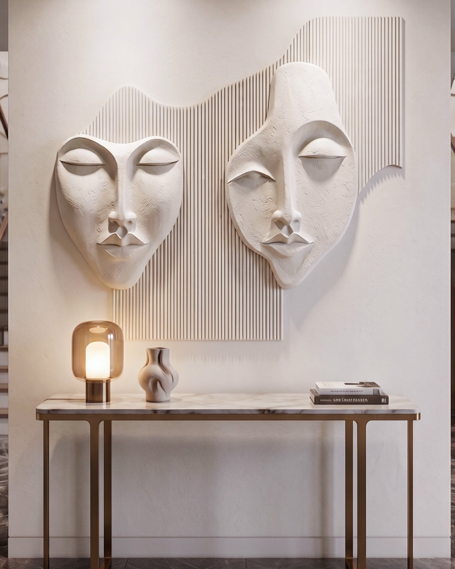 Wabi-Sabi 3D Face Wall Relief Art showing two abstract faces on a fluted textured panel in various colors and sizes