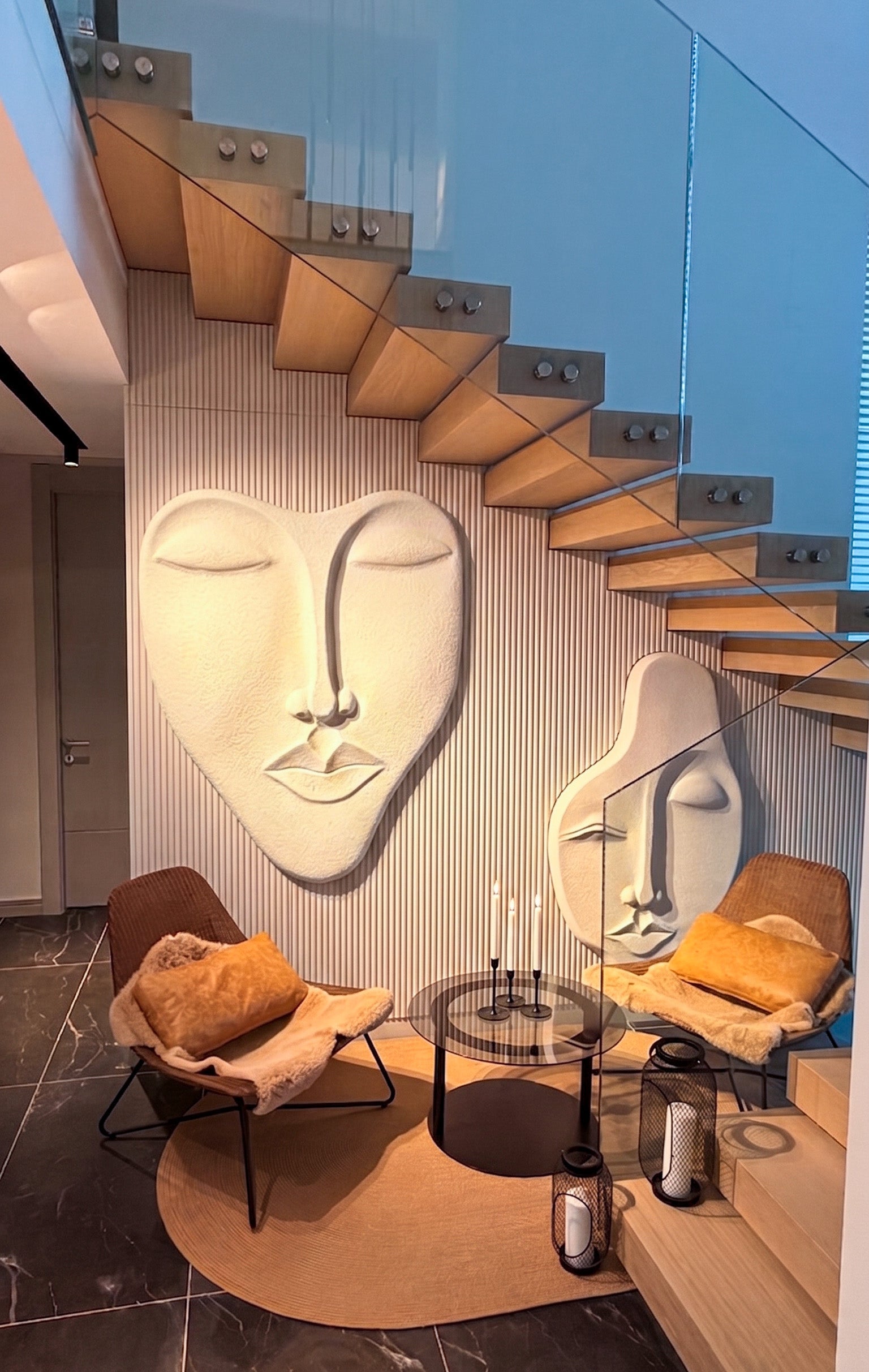 Wabi-Sabi 3D Face Wall Relief Art showing two abstract faces on a fluted textured panel in various colors and sizes
