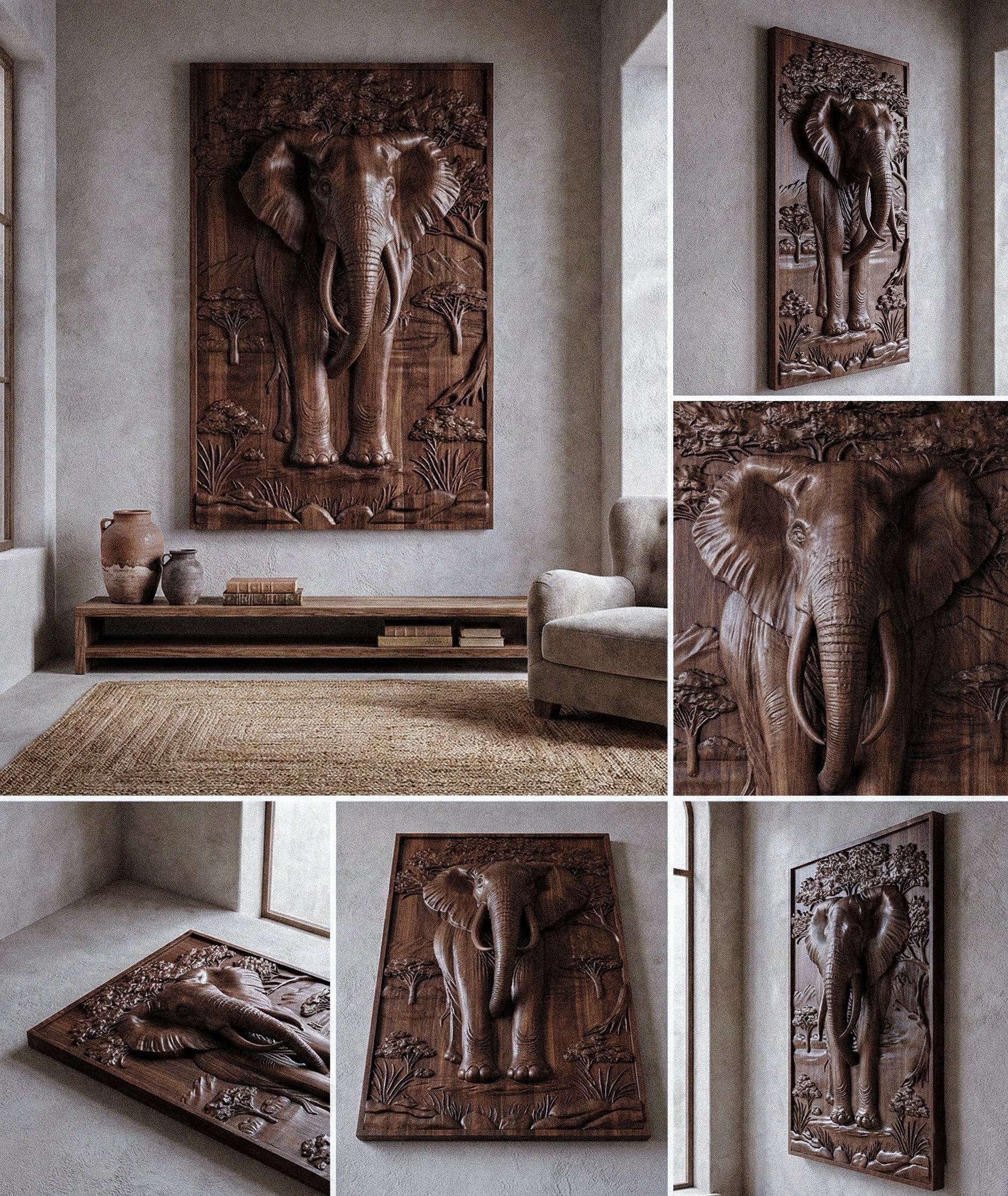 Majestic African Elephant 3D relief wood wall art with gold leaf tusks
