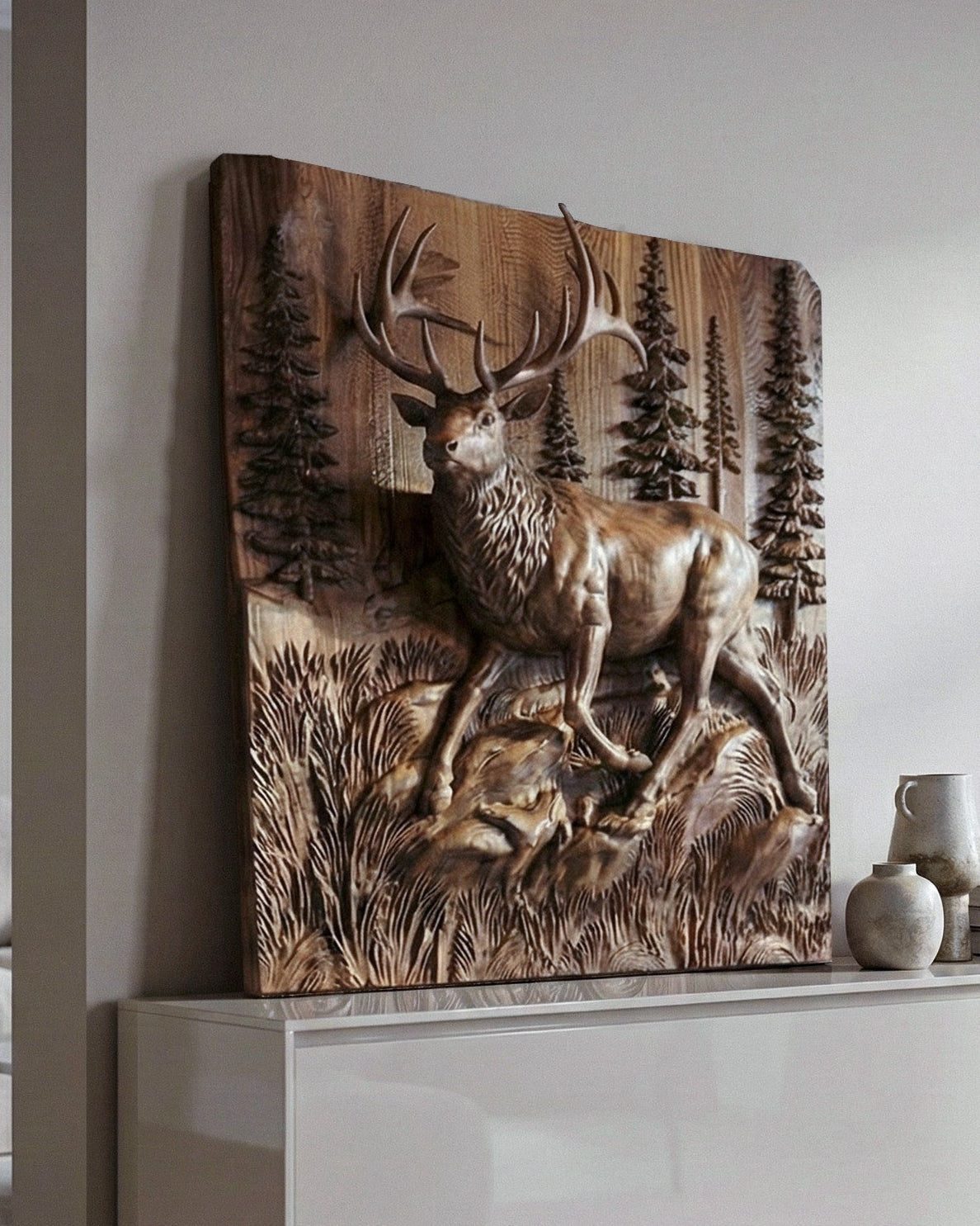 Wooden Deer Elk 3D wood relief wall art sculpture with natural walnut finish