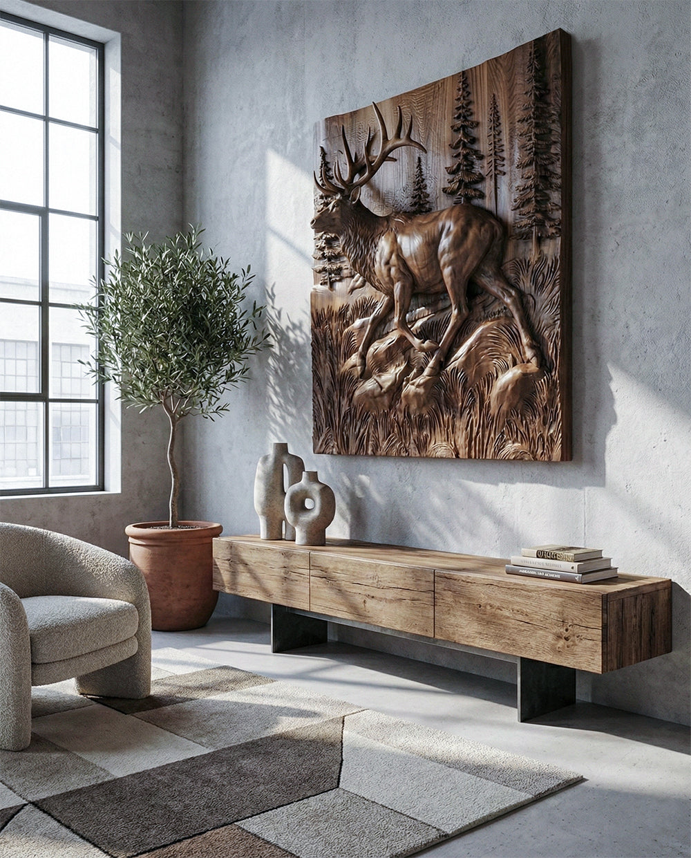 Wooden Deer Elk 3D wood relief wall art sculpture with natural walnut finish