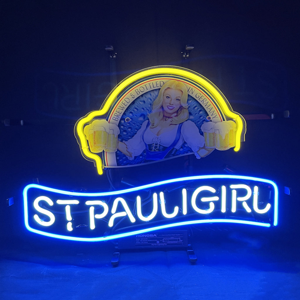 Germany St Pauli Girl Beer Neon Sign illuminated, showing glass tubes and metal grid backing