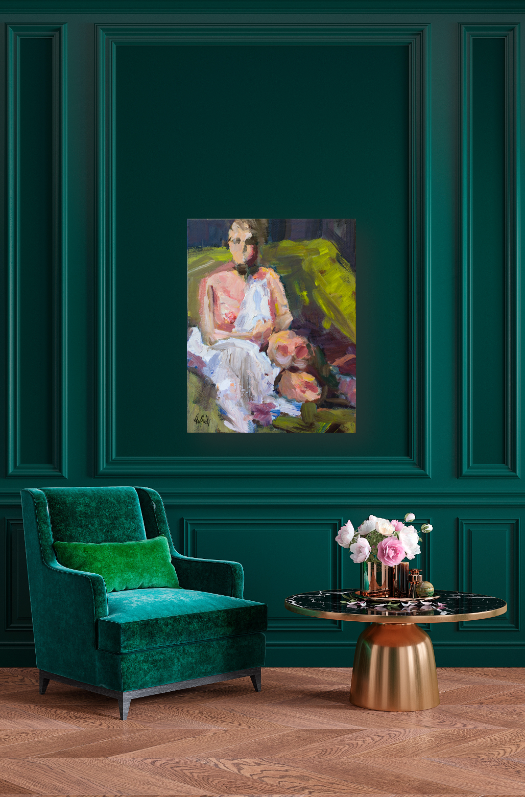 Girl on Green Chair Artist Enhanced Canvas Print by John Beard Collection - product image 3 for Resin Society