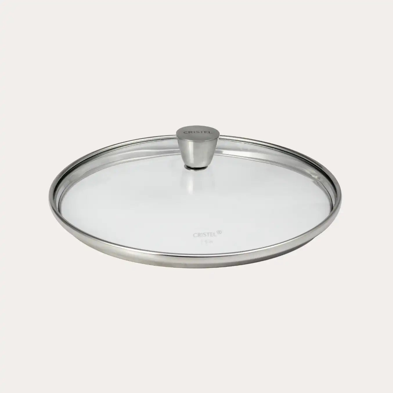 Rounded glass lid with stainless steel trim and tapered knob from CRISTEL USA 1826 Collection