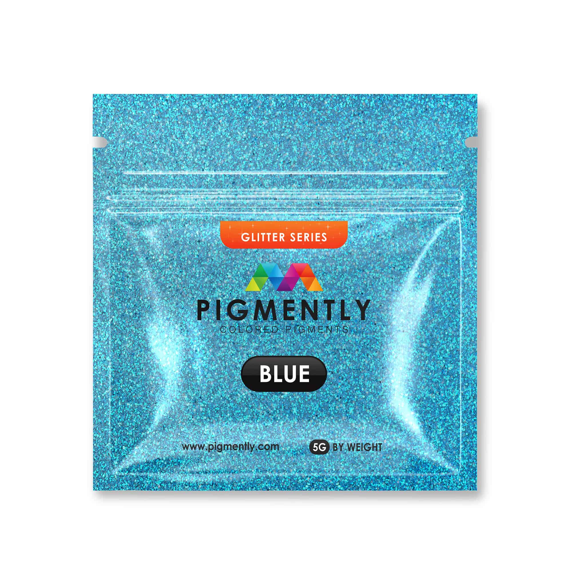 Blue glitter packet with 'Pigmently' branding on a white background