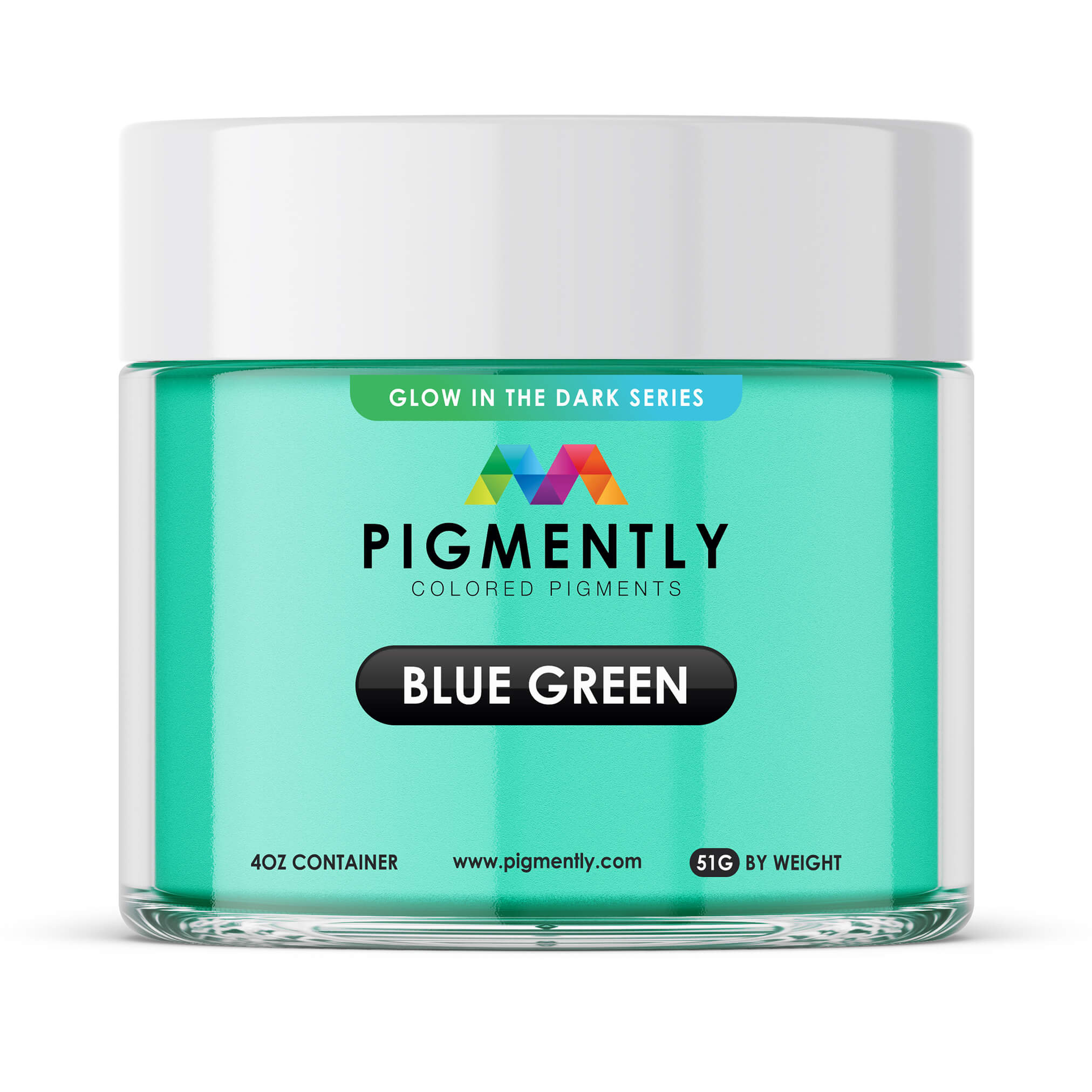 Jar of Pigmently blue green colored pigments on a white background