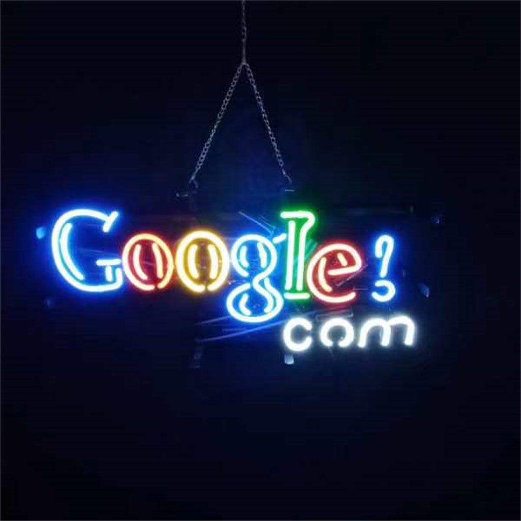 Google Website Neon Signs lit in indoor setting