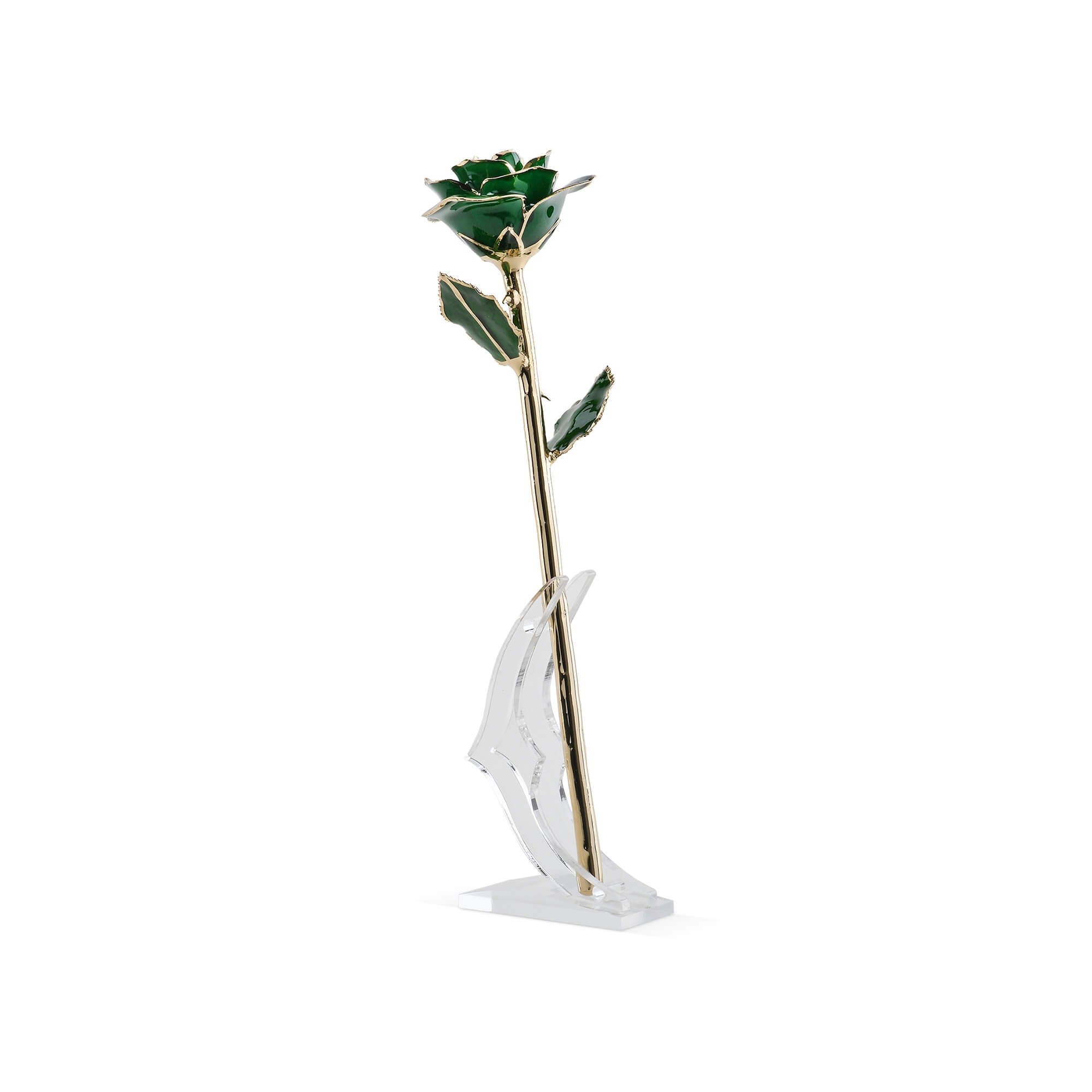 Timeless Rose (Green) showing preserved green rose dipped in 24K gold inside a clear glass dome