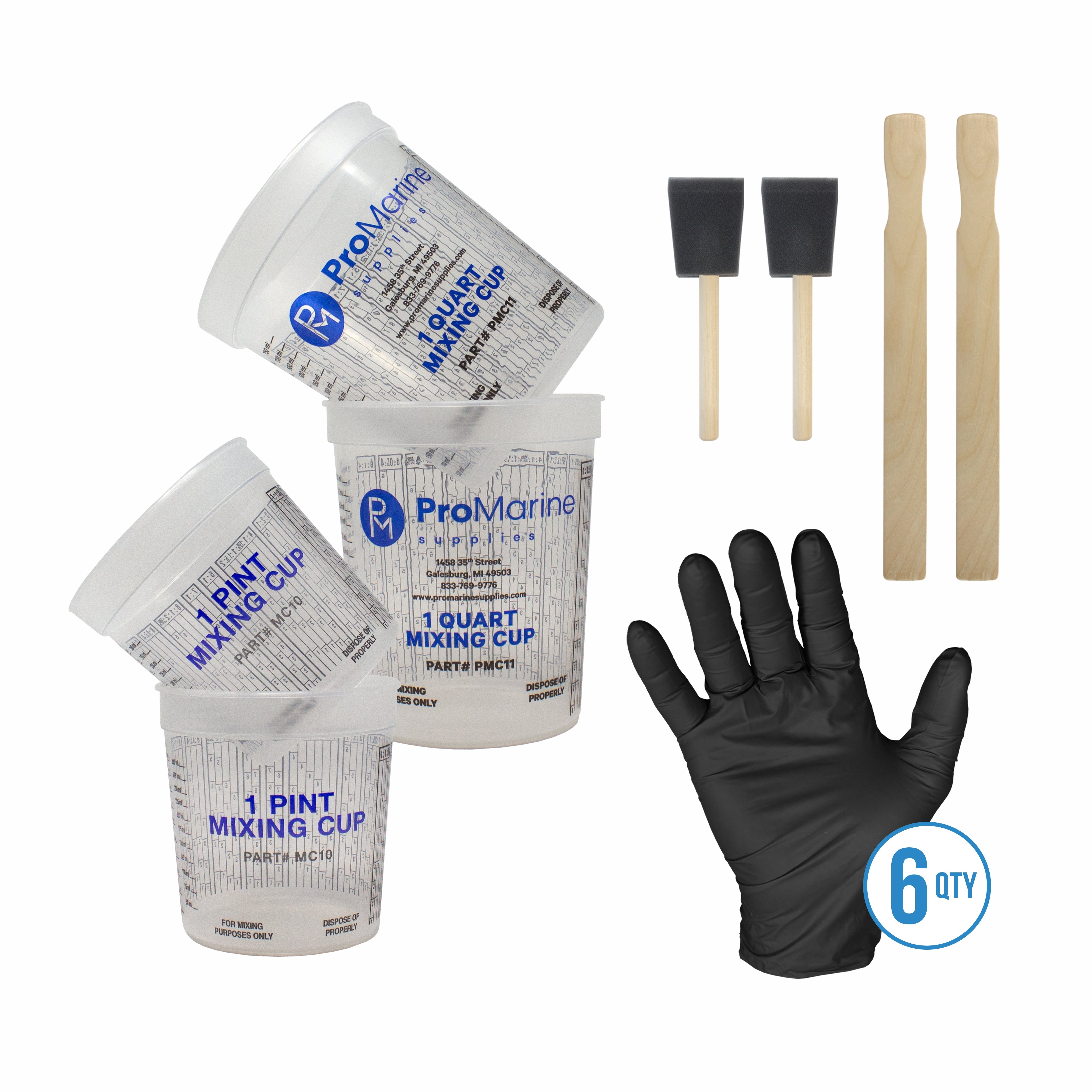 Half Gallon Mixing Set components including mixing cups, gloves, stir sticks, and foam brushes arranged on a surface