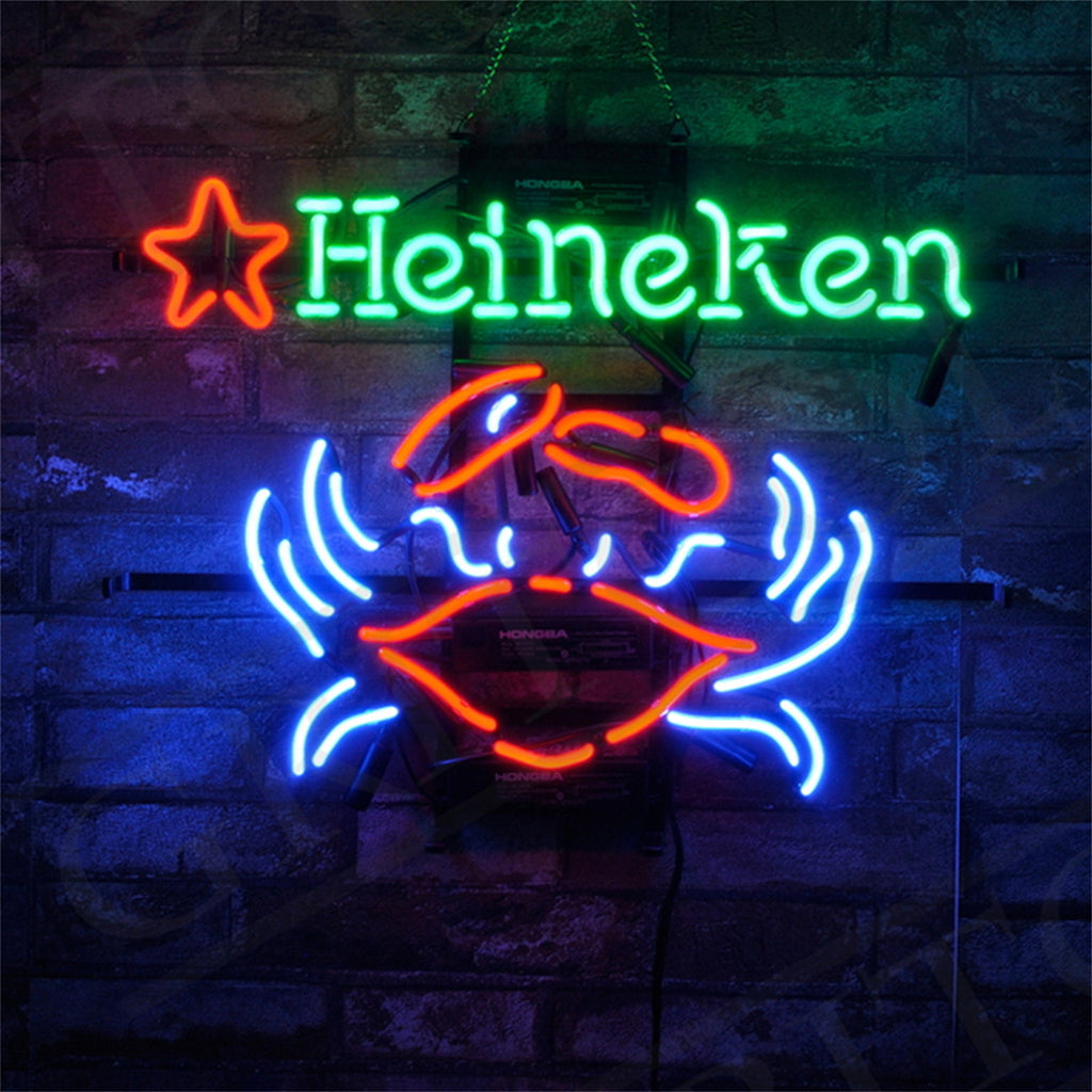 Heineken Beer Crab Neon Sign light mounted showing bright red, green, and white neon tubes