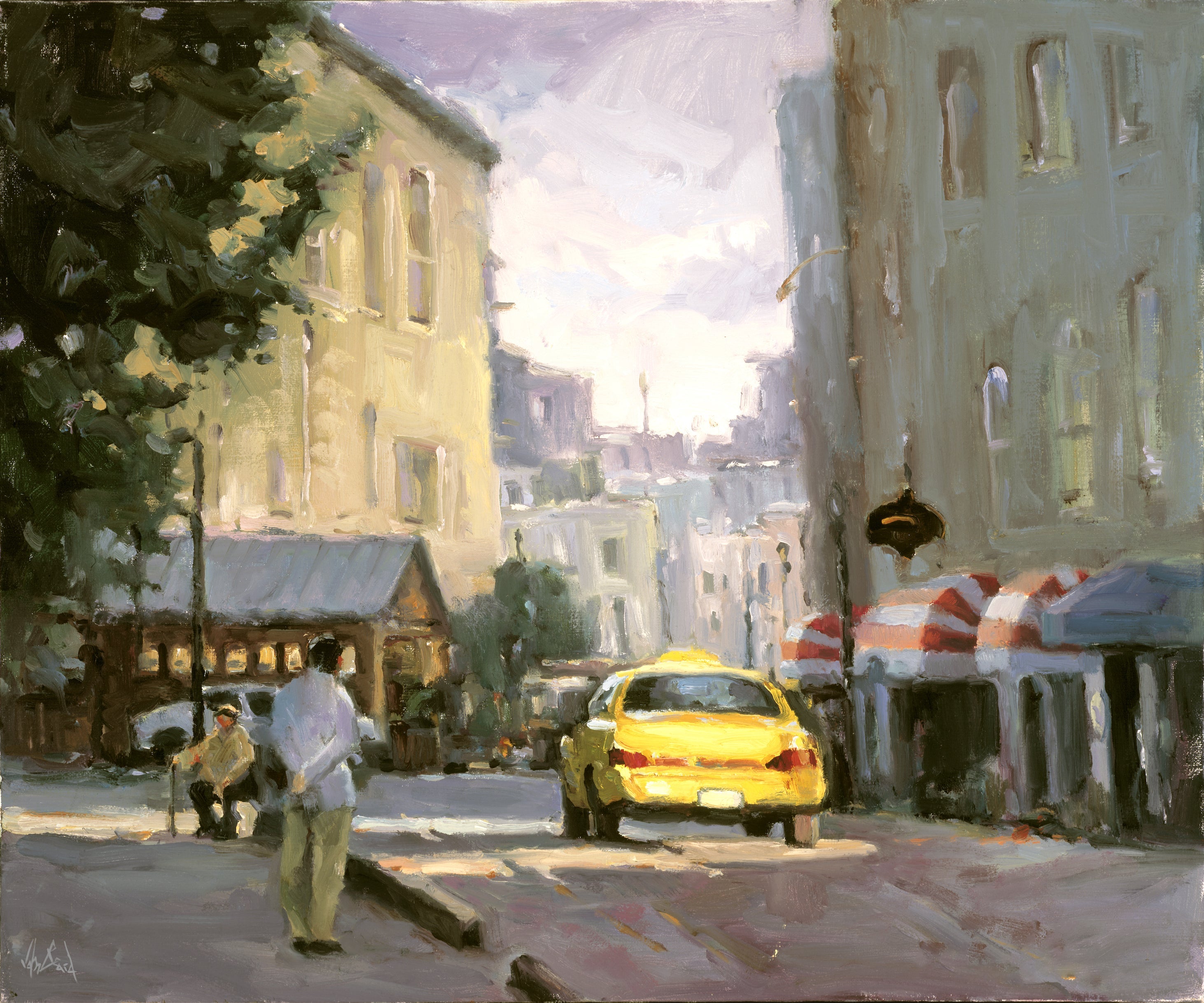 Hey Taxi Artist Enhanced Canvas Print showing vibrant cityscape with taxis and urban buildings on canvas with a black frame option