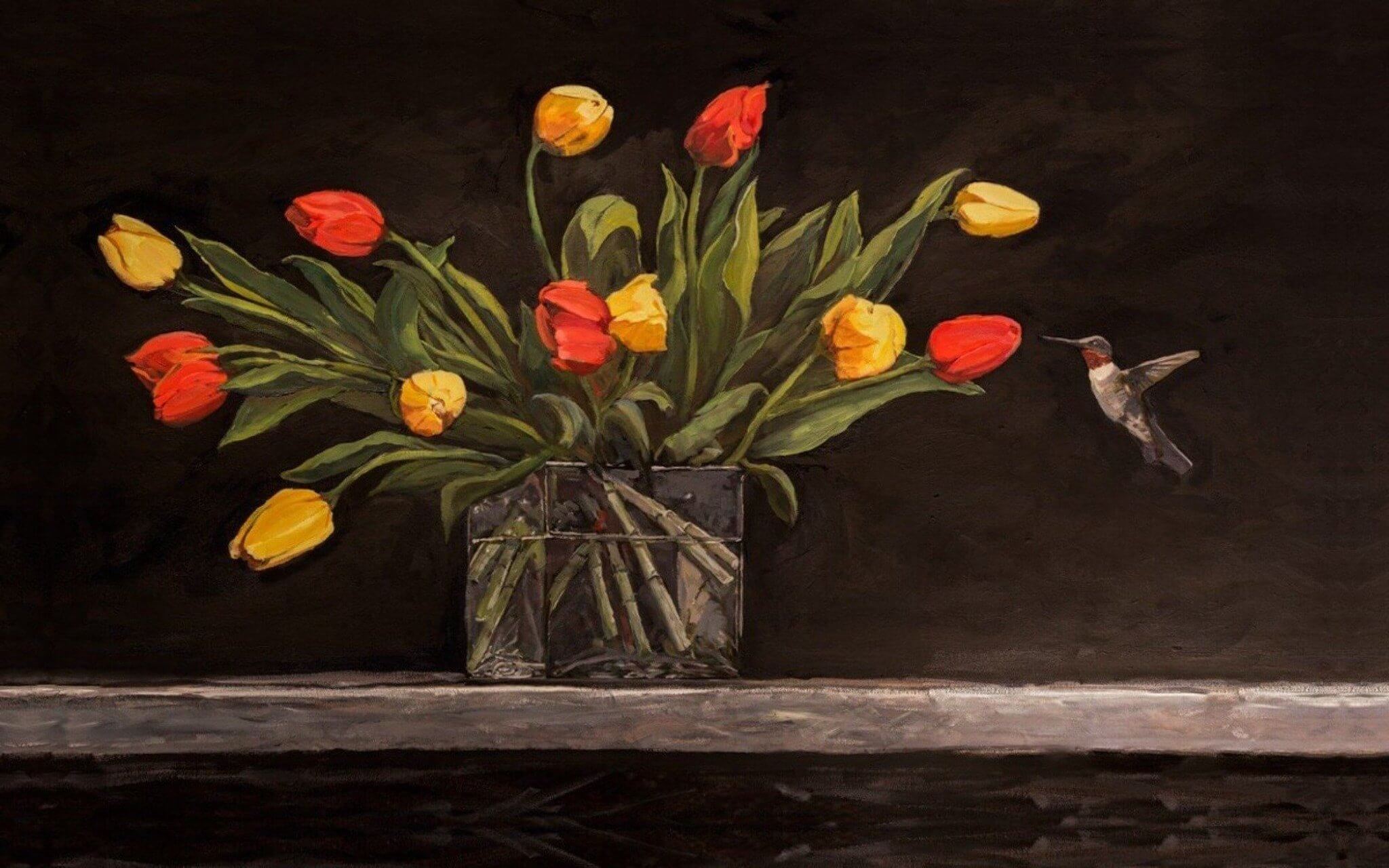 Hummingbird and Tulips Artist Enhanced Canvas Print by John Beard Collection - main product image for Resin Society