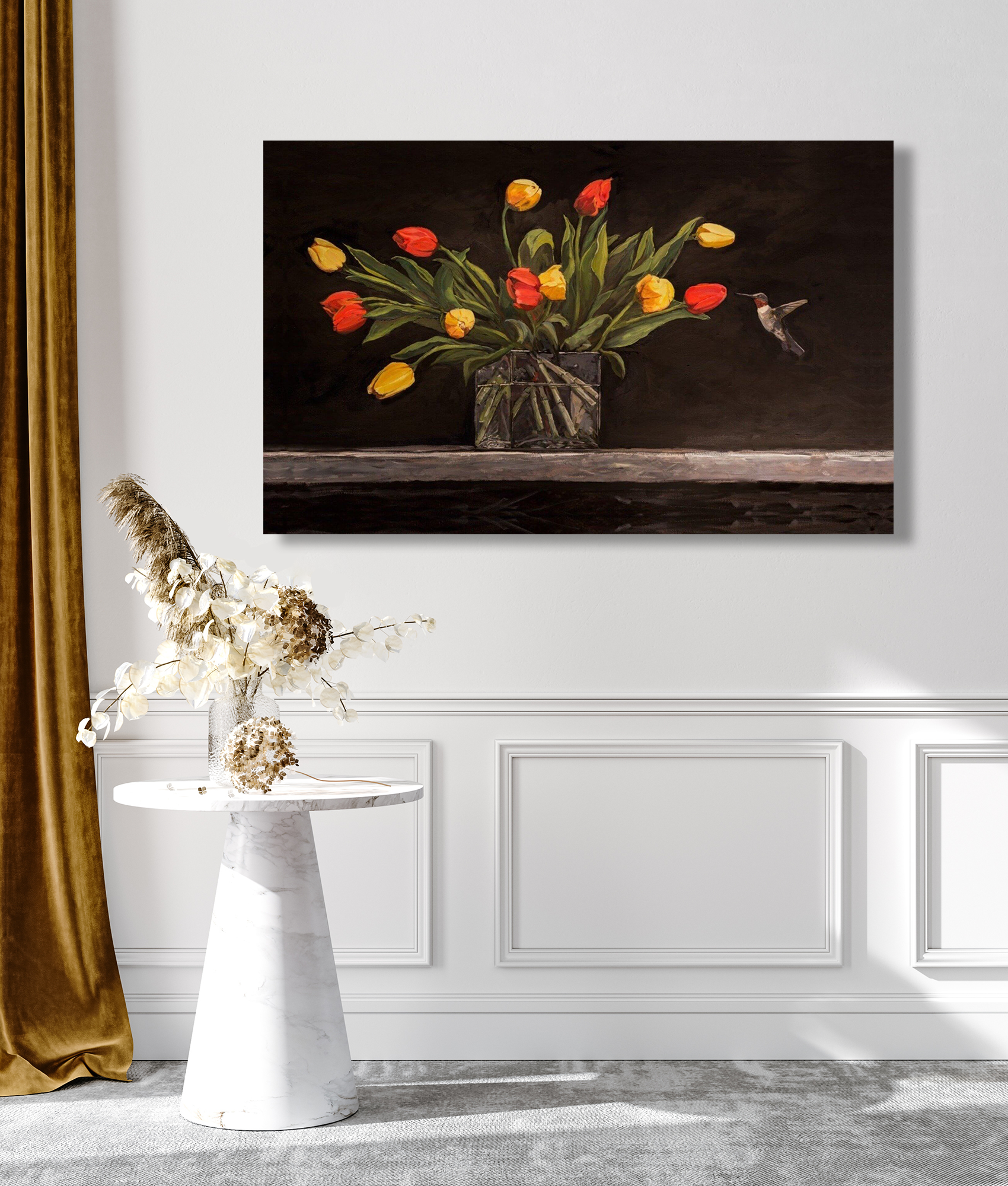 Hummingbird and Tulips Artist Enhanced Canvas Print by John Beard Collection - product image 2 for Resin Society