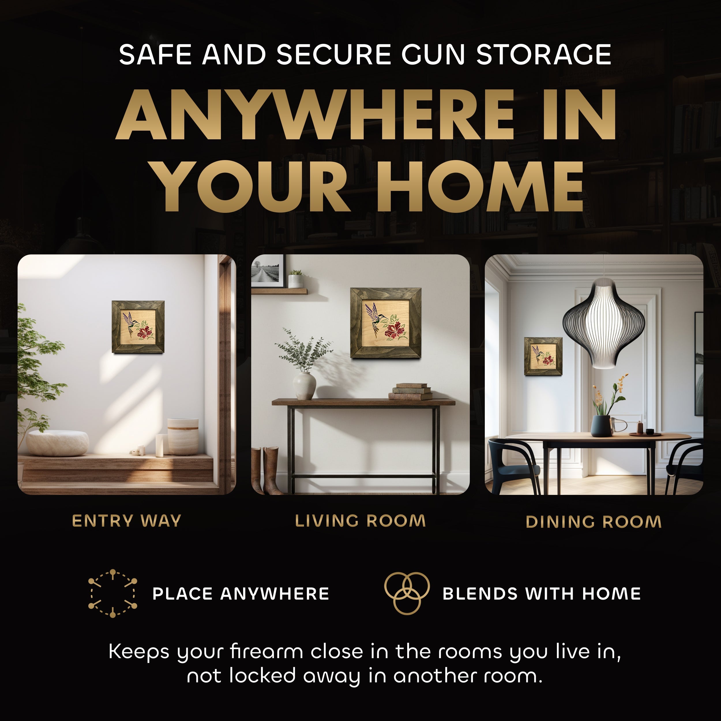 Hidden Gun Storage Safe Concealed Shelf with Hummingbird Wall Decor by Bellewood Designs - product image 2 for Resin Society