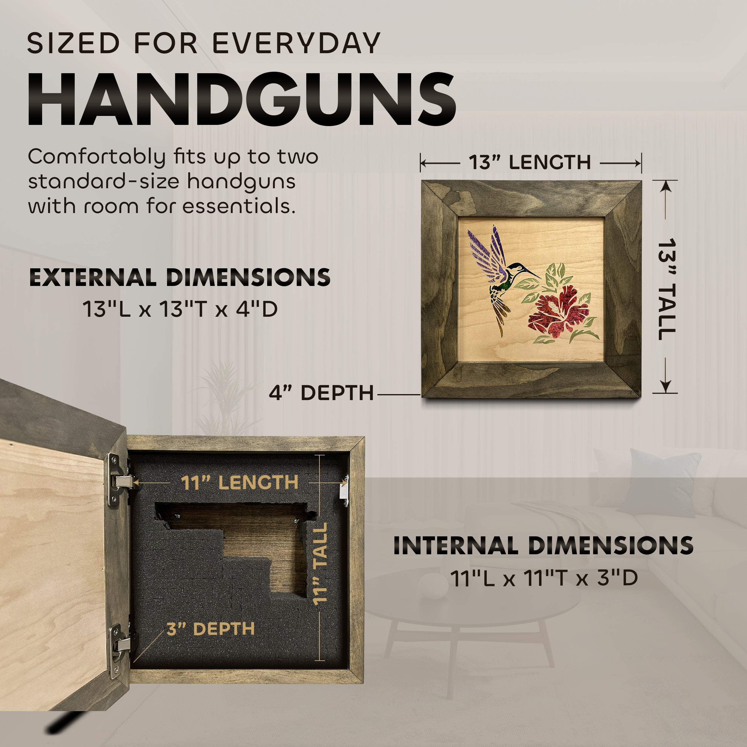 Hidden Gun Storage Safe Concealed Shelf with Hummingbird Wall Decor by Bellewood Designs - product image 6 for Resin Society