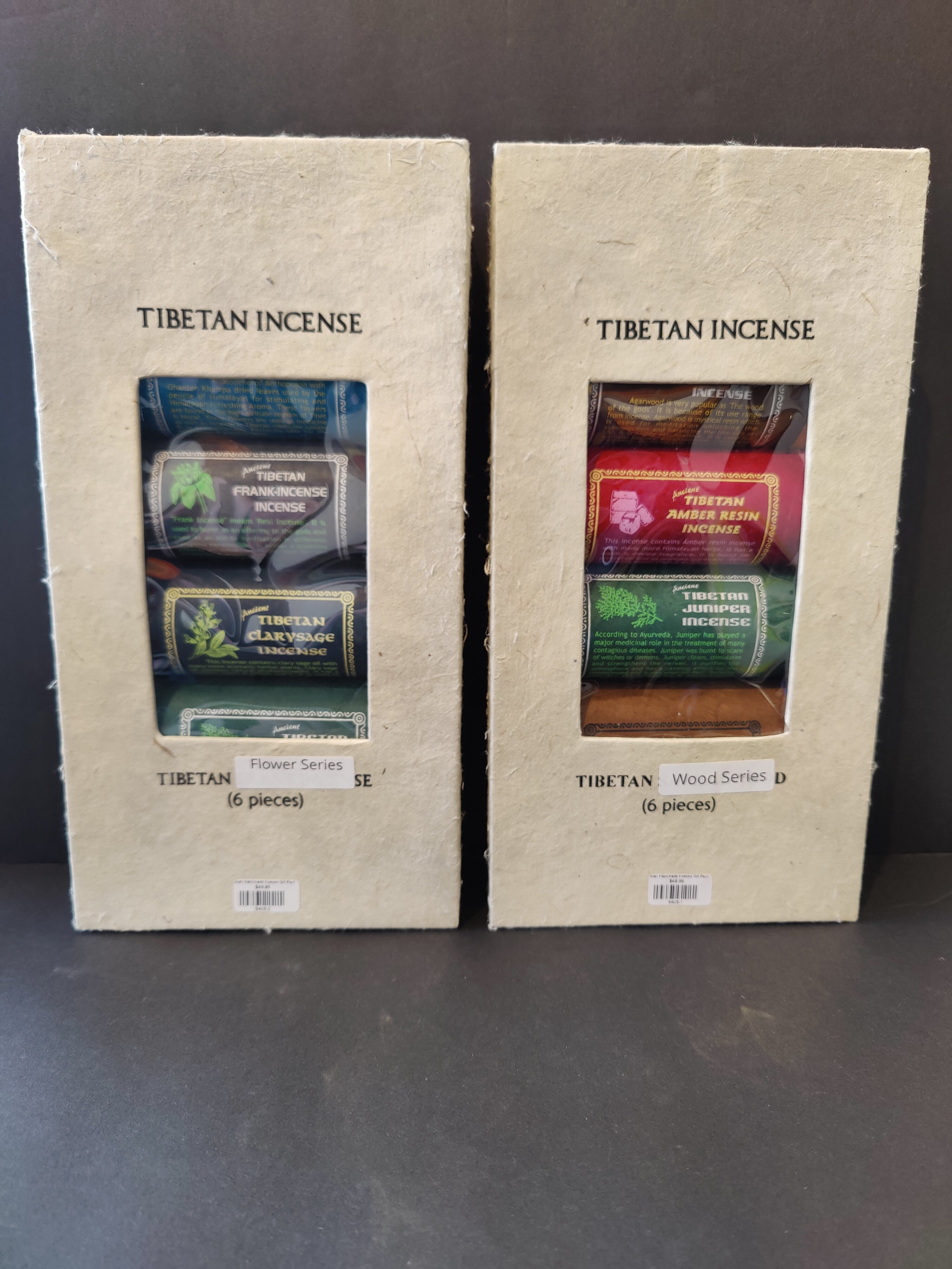 Boxes of Tibetan handmade incense sticks in assorted scent packs