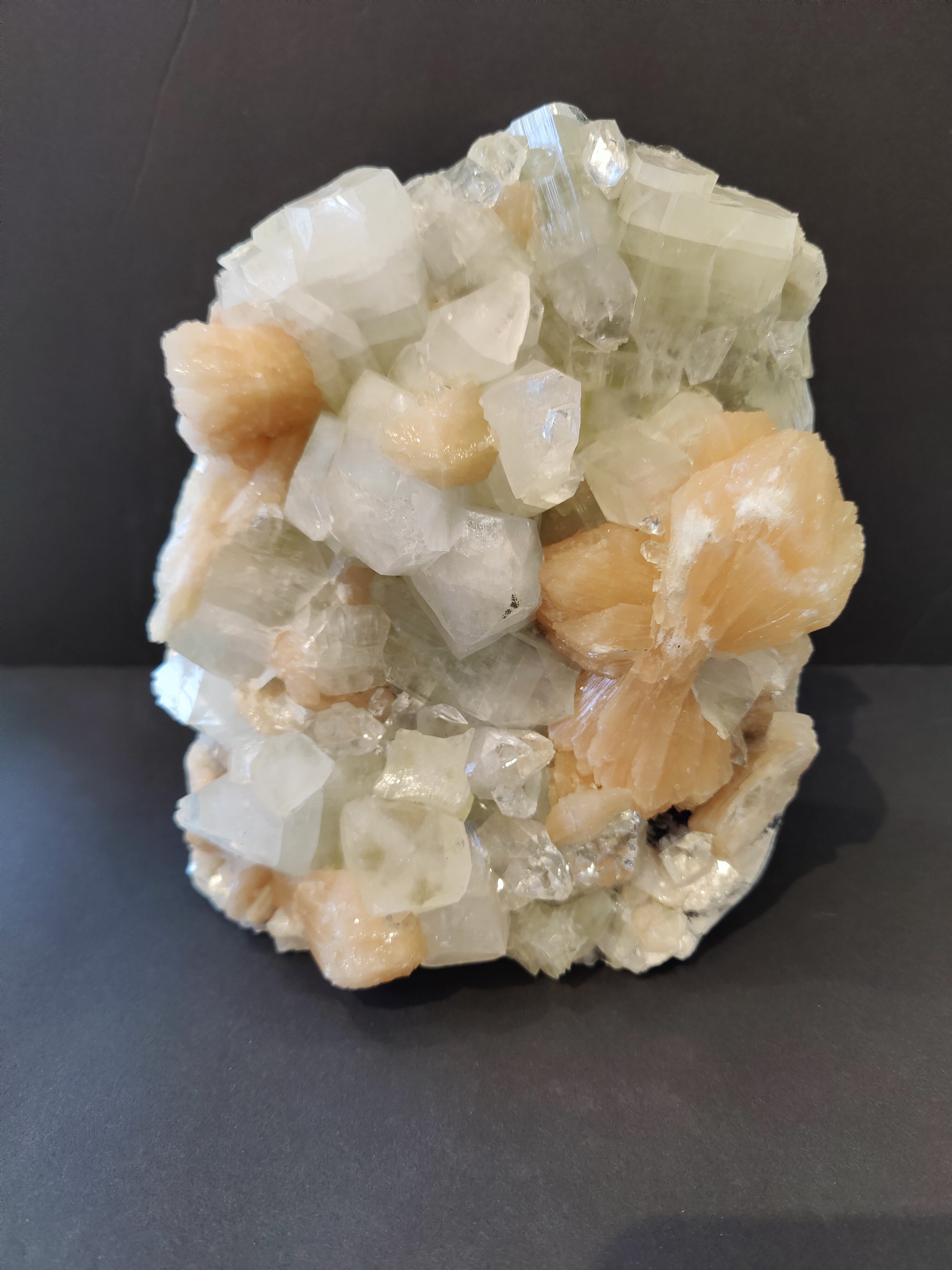 Clear Apophyllite with peach Stilbite mineral specimen on matrix