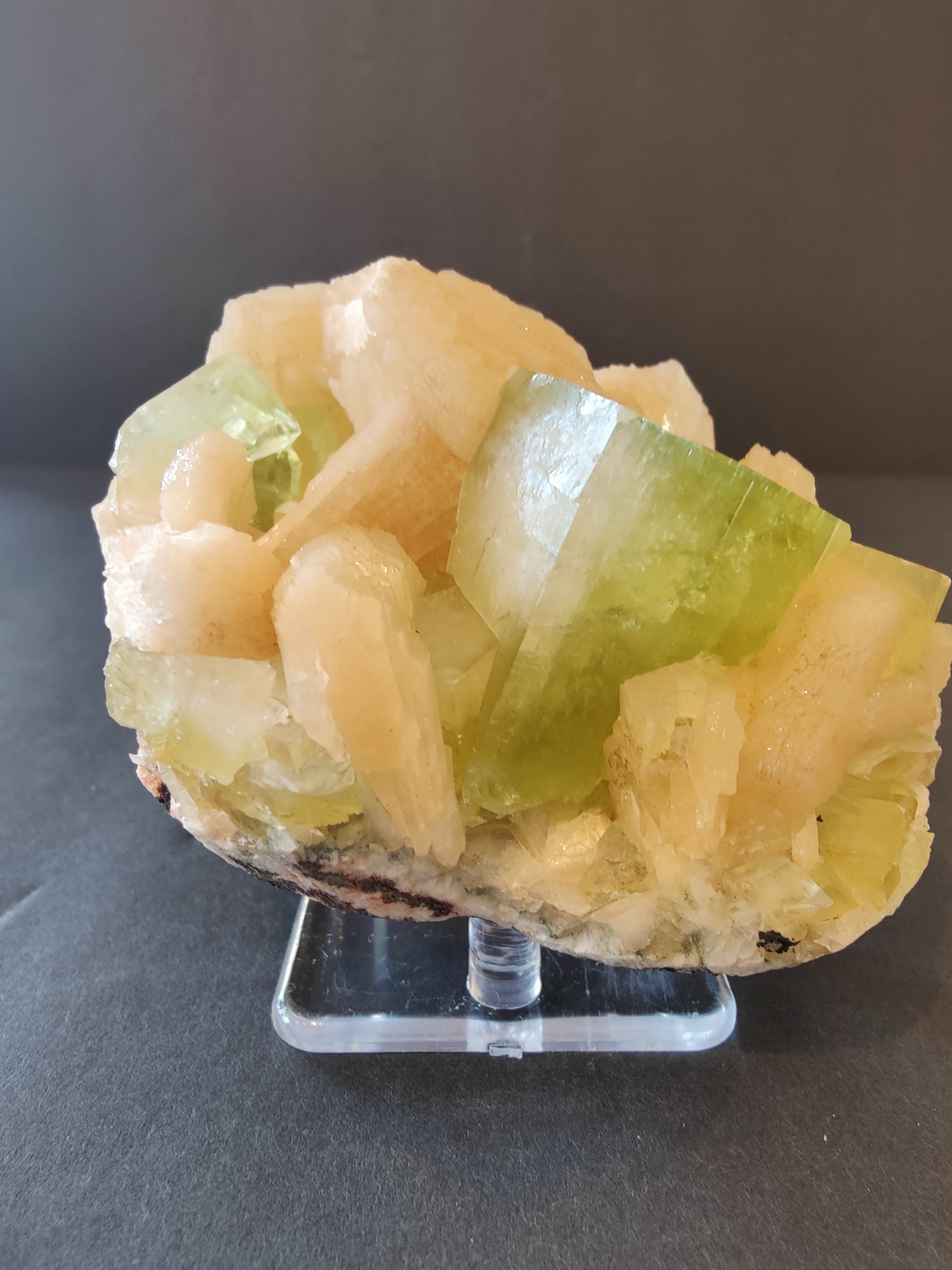 Green Apophyllite cubes with peach Stilbite mineral specimen on matrix