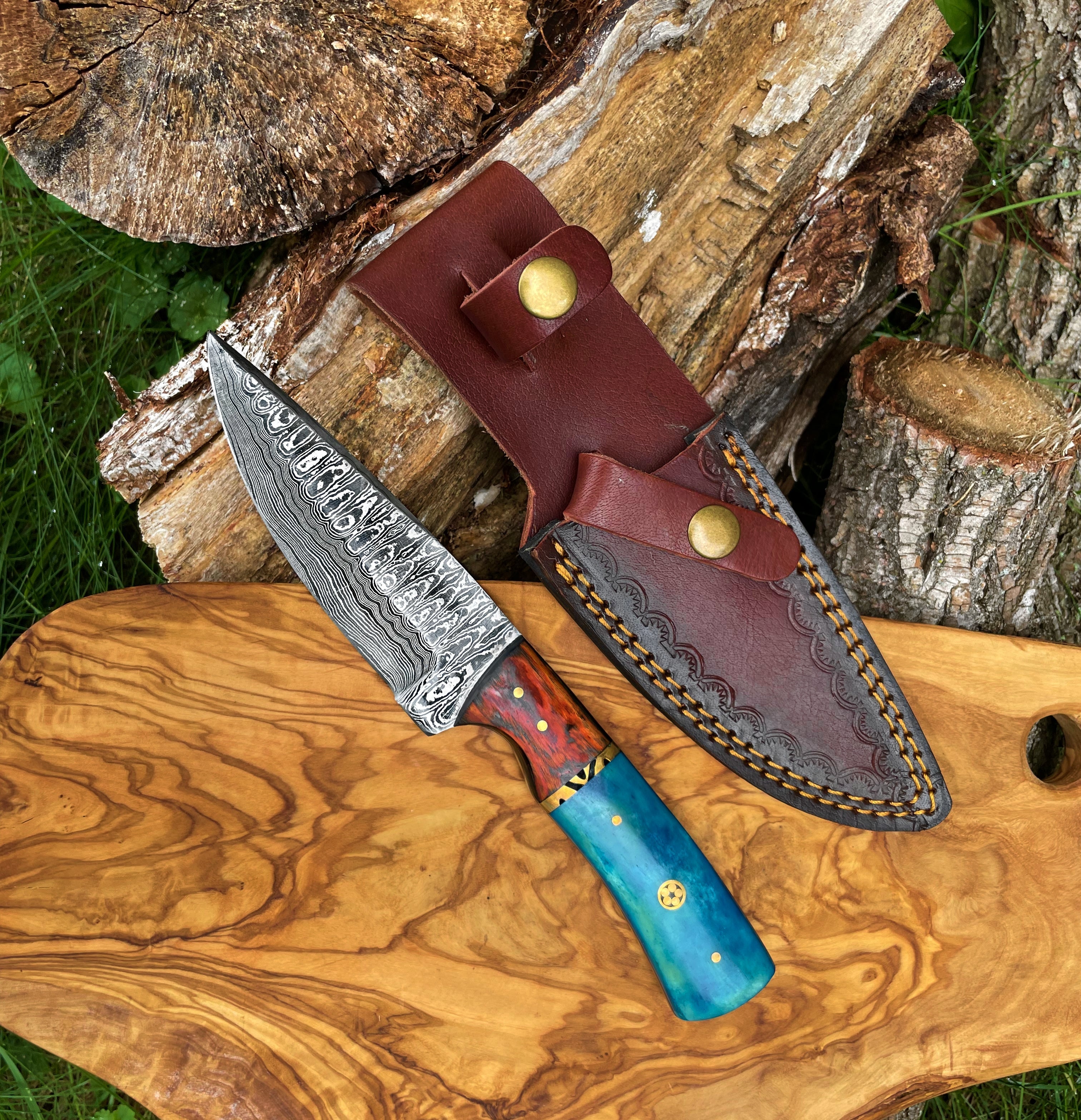 Damascus knife, Garnet Starlight Hand forged knife Hunting knife by Titan TK-014 detail image - Resin Society