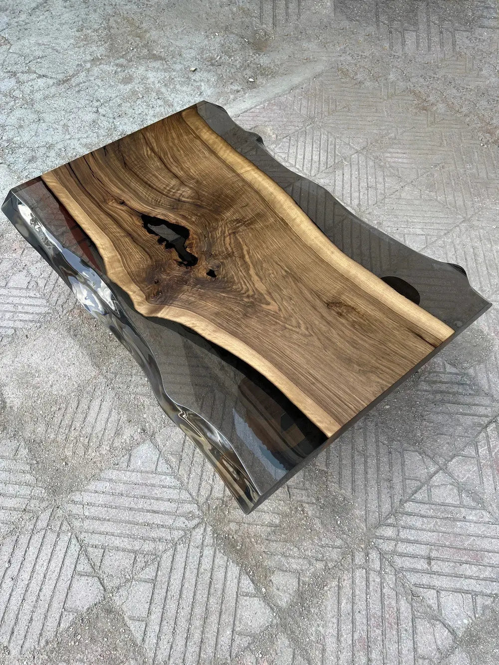 Epoxy live edge coffee table with natural walnut wood and wooden U-shaped legs