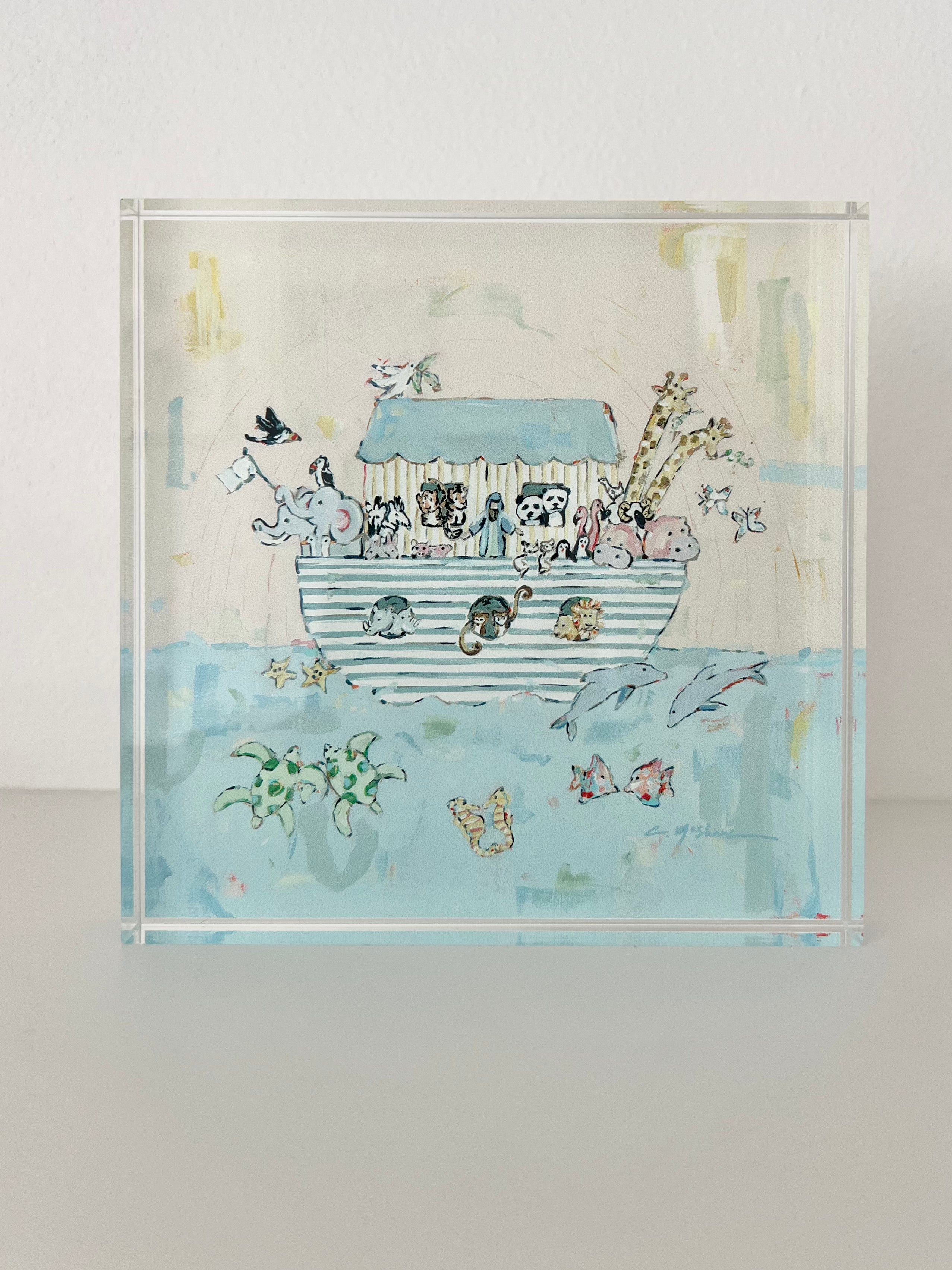 Noah's Ark acrylic tabletop art block featuring colorful original artwork by Chelsea McShane