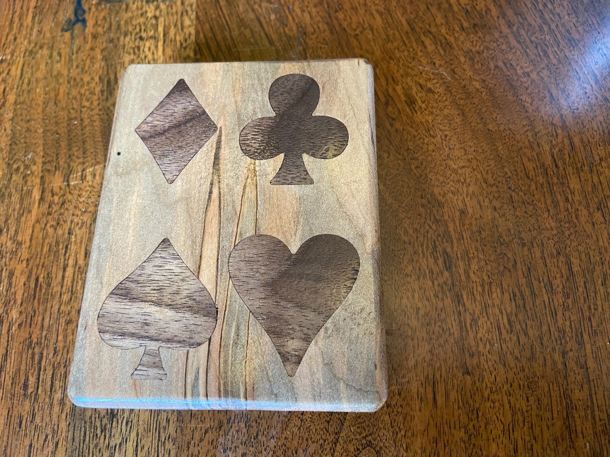 Handcrafted wooden playing card box with wood inlay detail