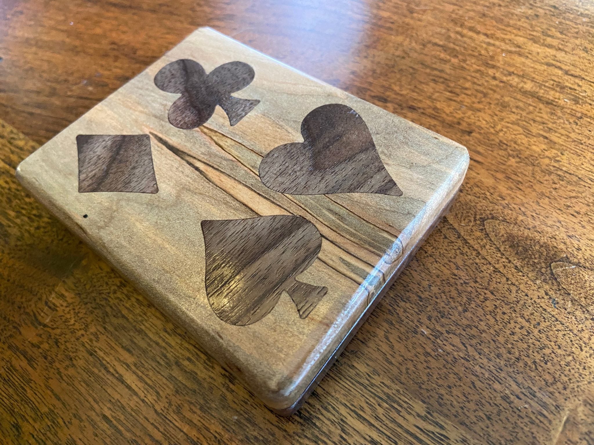 Handcrafted wooden playing card box with wood inlay detail