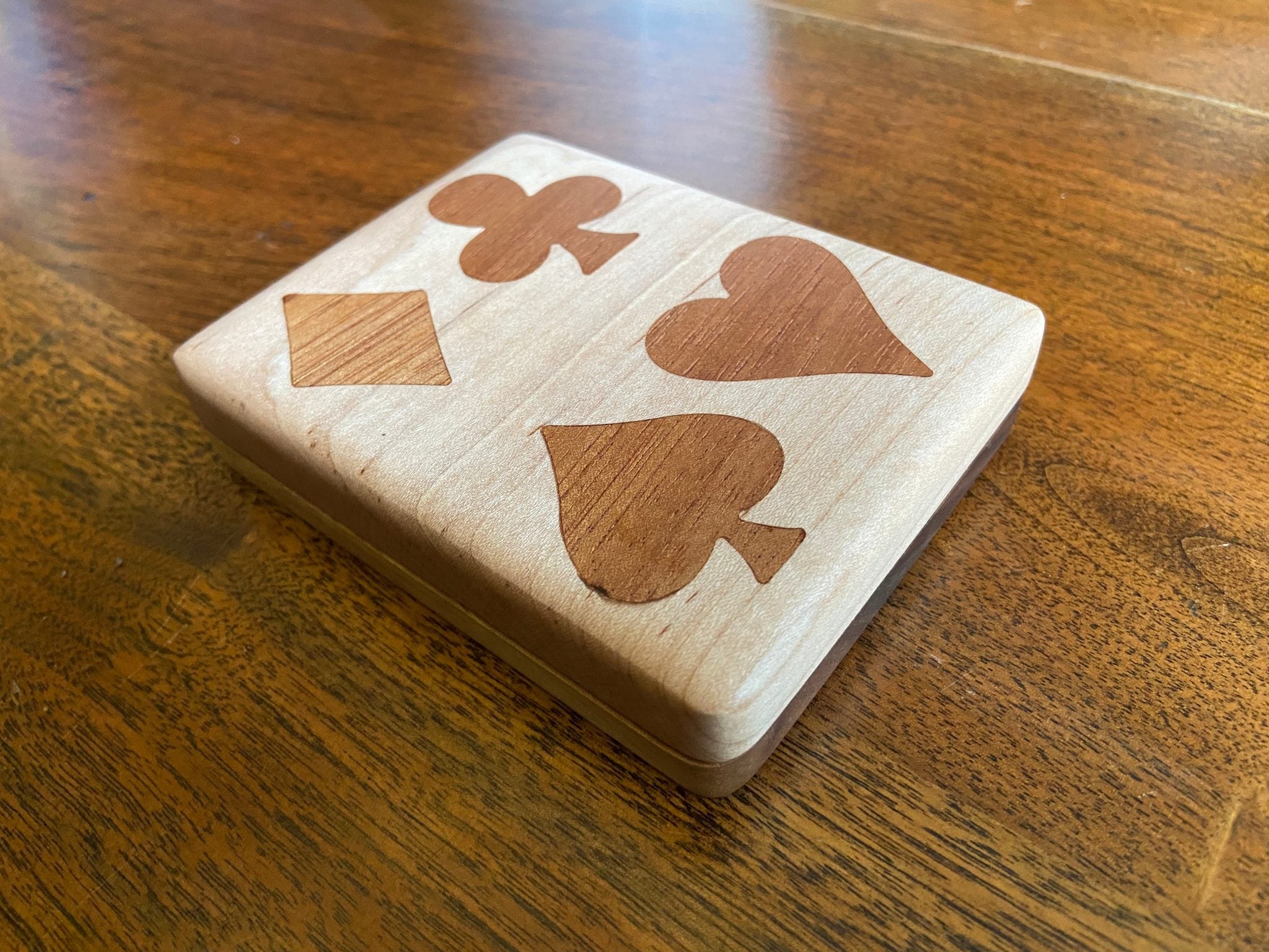 Handcrafted wooden playing card box with wood inlay detail