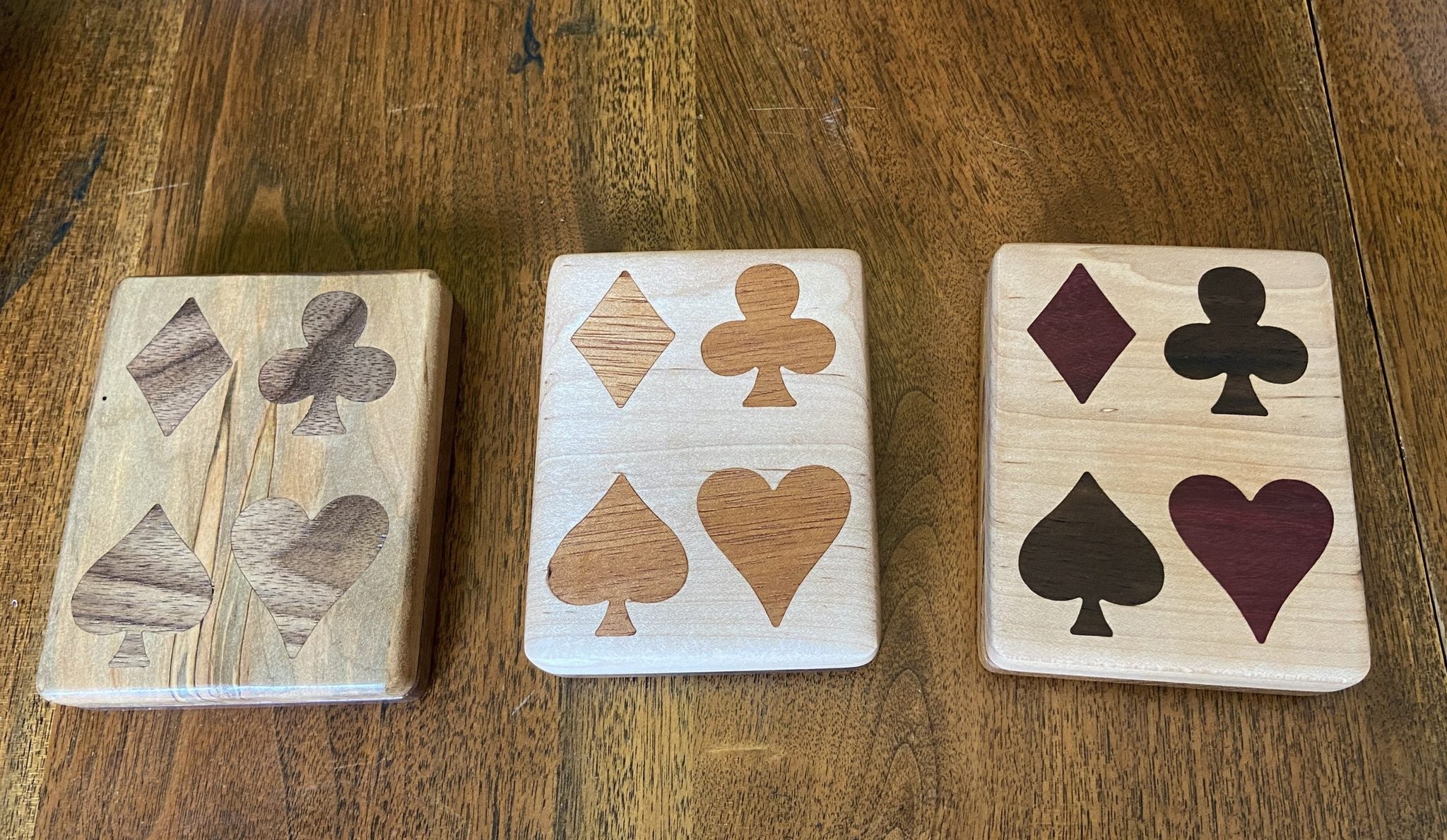 Handcrafted wooden playing card box with wood inlay detail