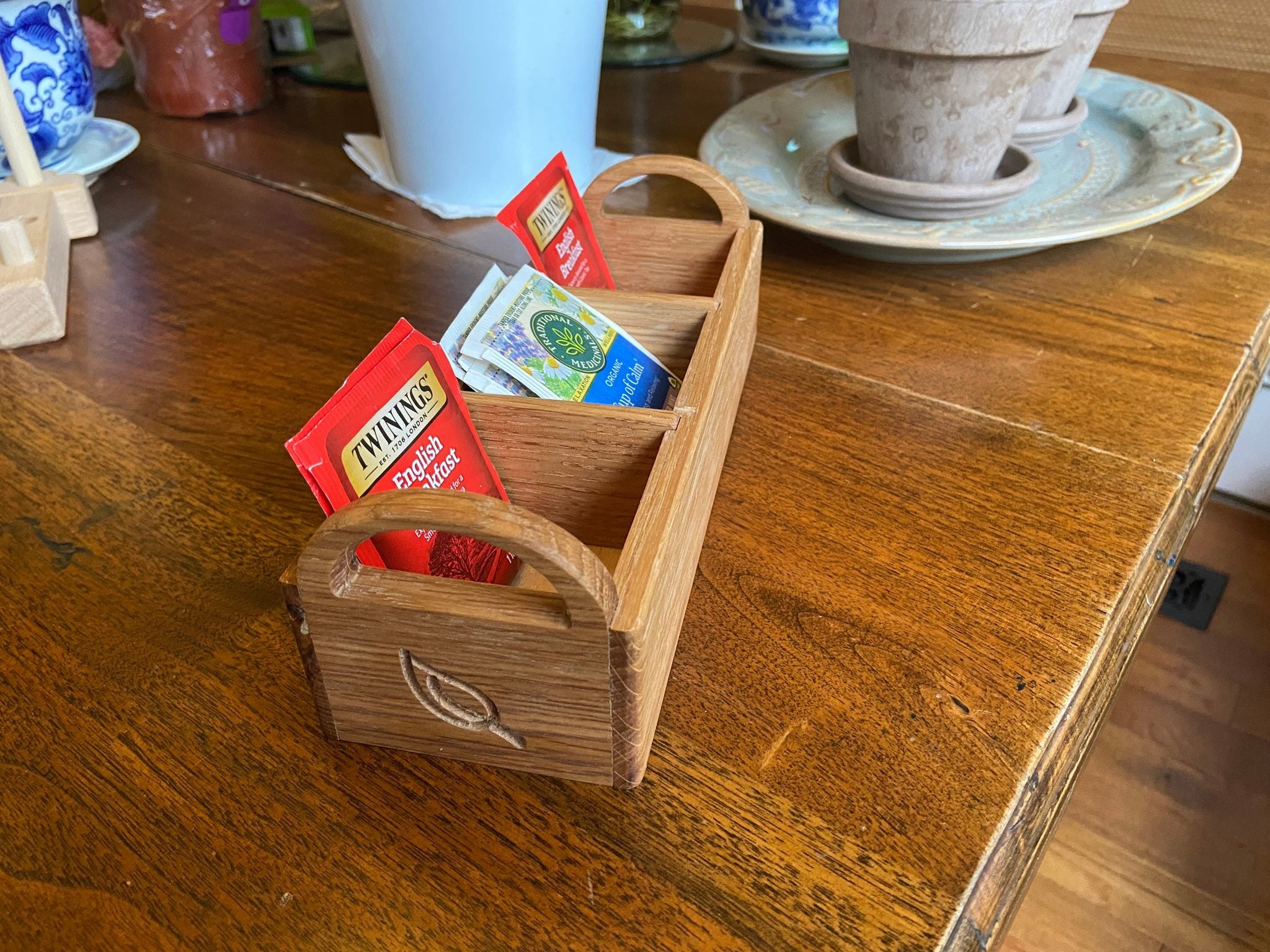Hand-made White Oak Tea Caddy with hand-carved handles and tea leaf engravings