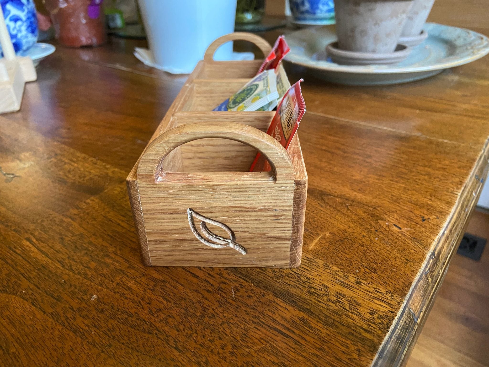 Hand-made White Oak Tea Caddy with hand-carved handles and tea leaf engravings