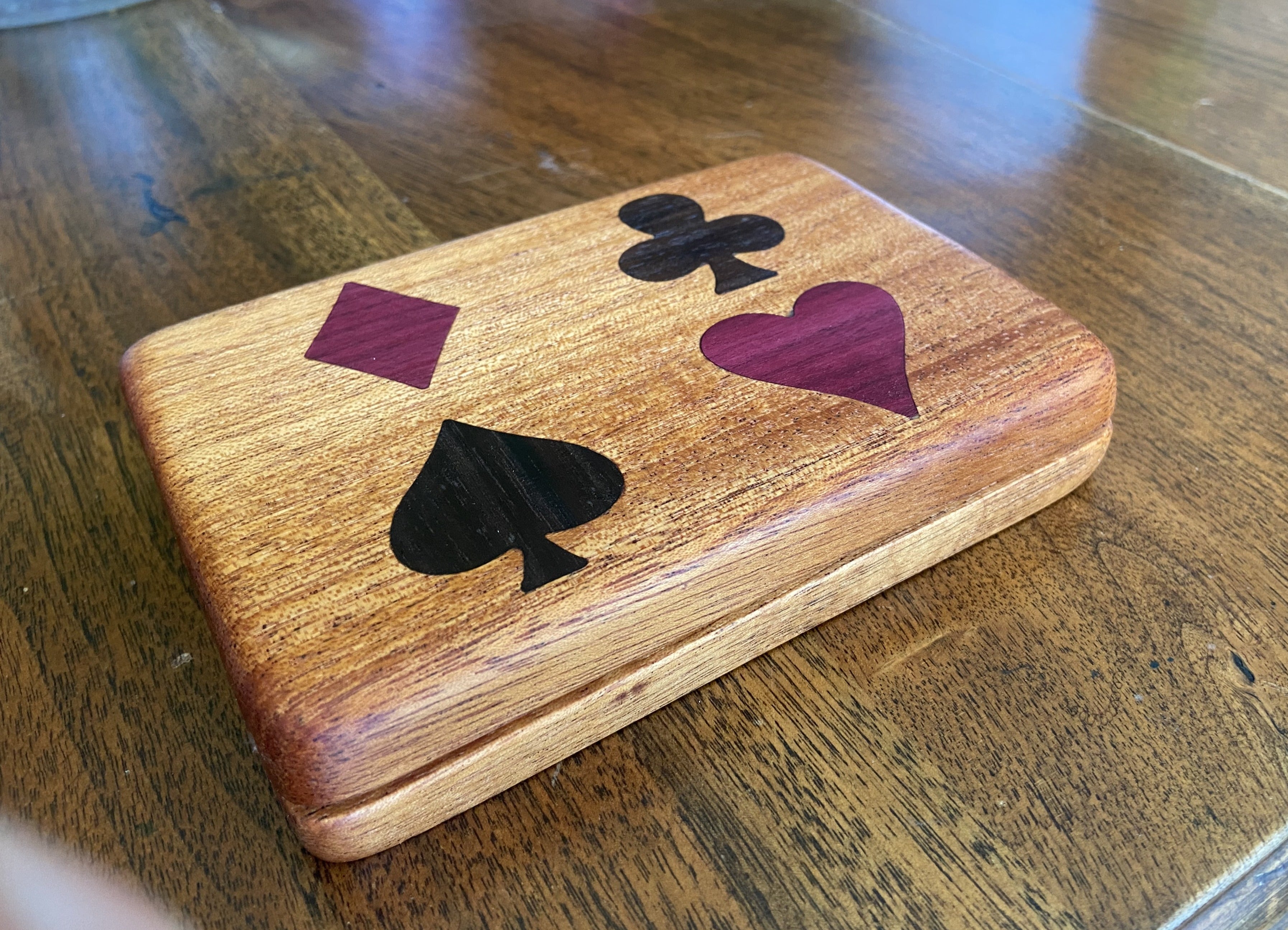 Handmade wooden bridge set box with purple heart and walnut inlays