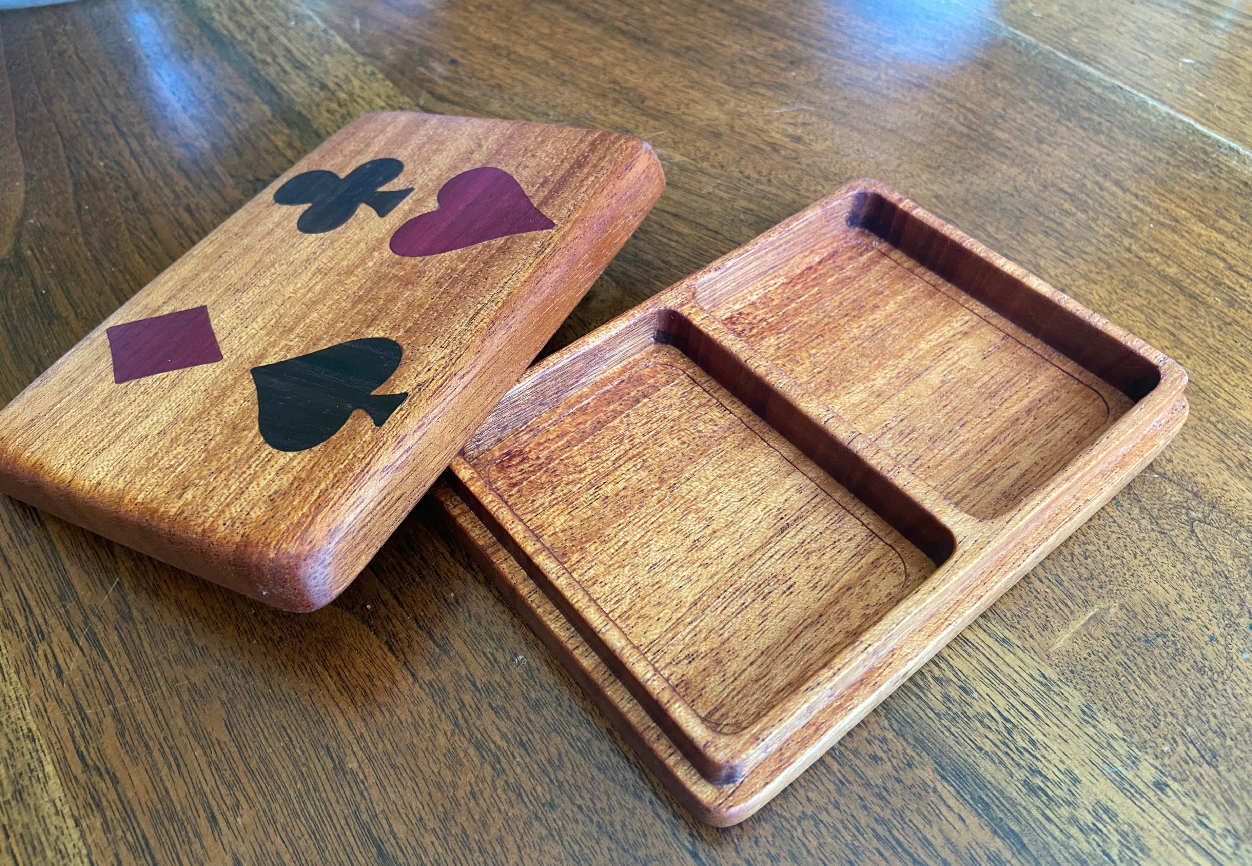 Handmade wooden bridge set box with purple heart and walnut inlays