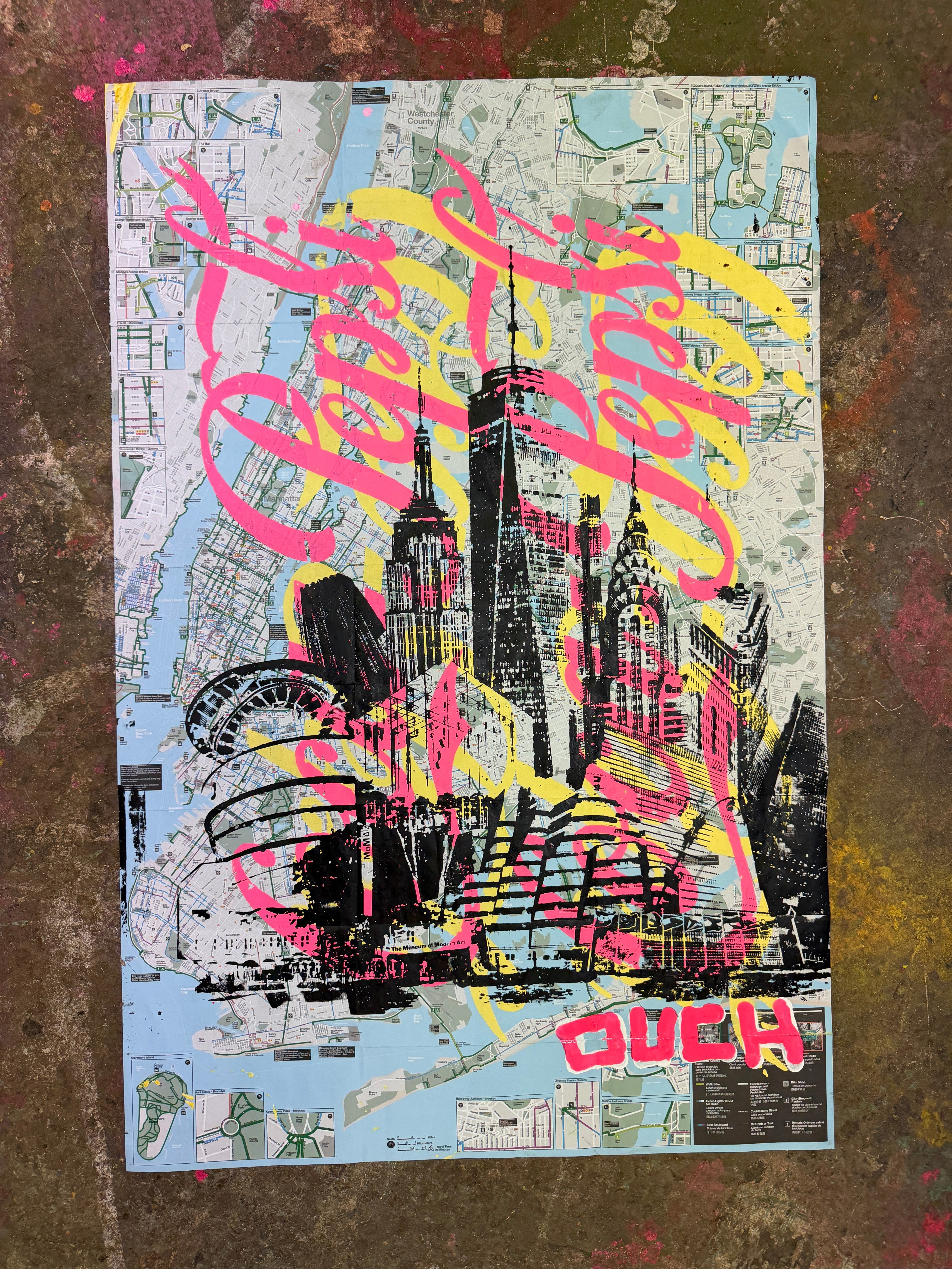 Skyline Coca-Pepsi original artwork by Denis OUCH featuring bold colors and NYC bike map background