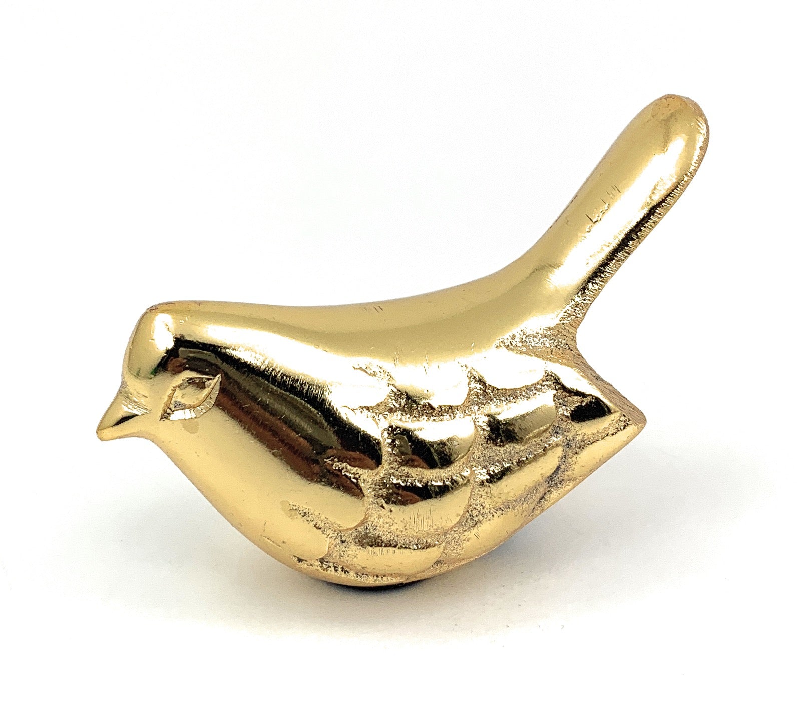 Golden rustic metal bird figurines from Vibhsa shown on wood surface