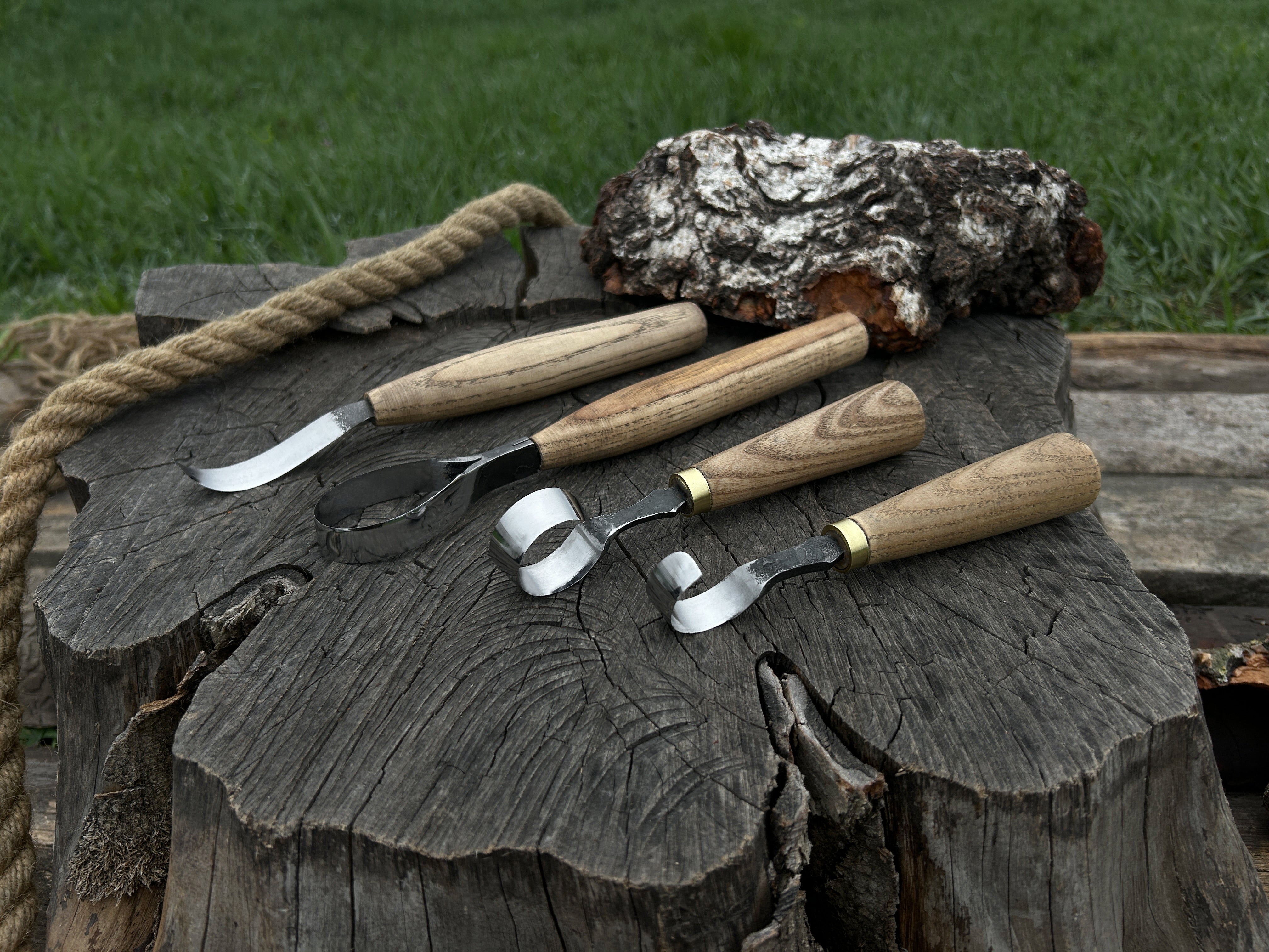 4-piece hand-forged wood carving knife set with ash handles and leather cases