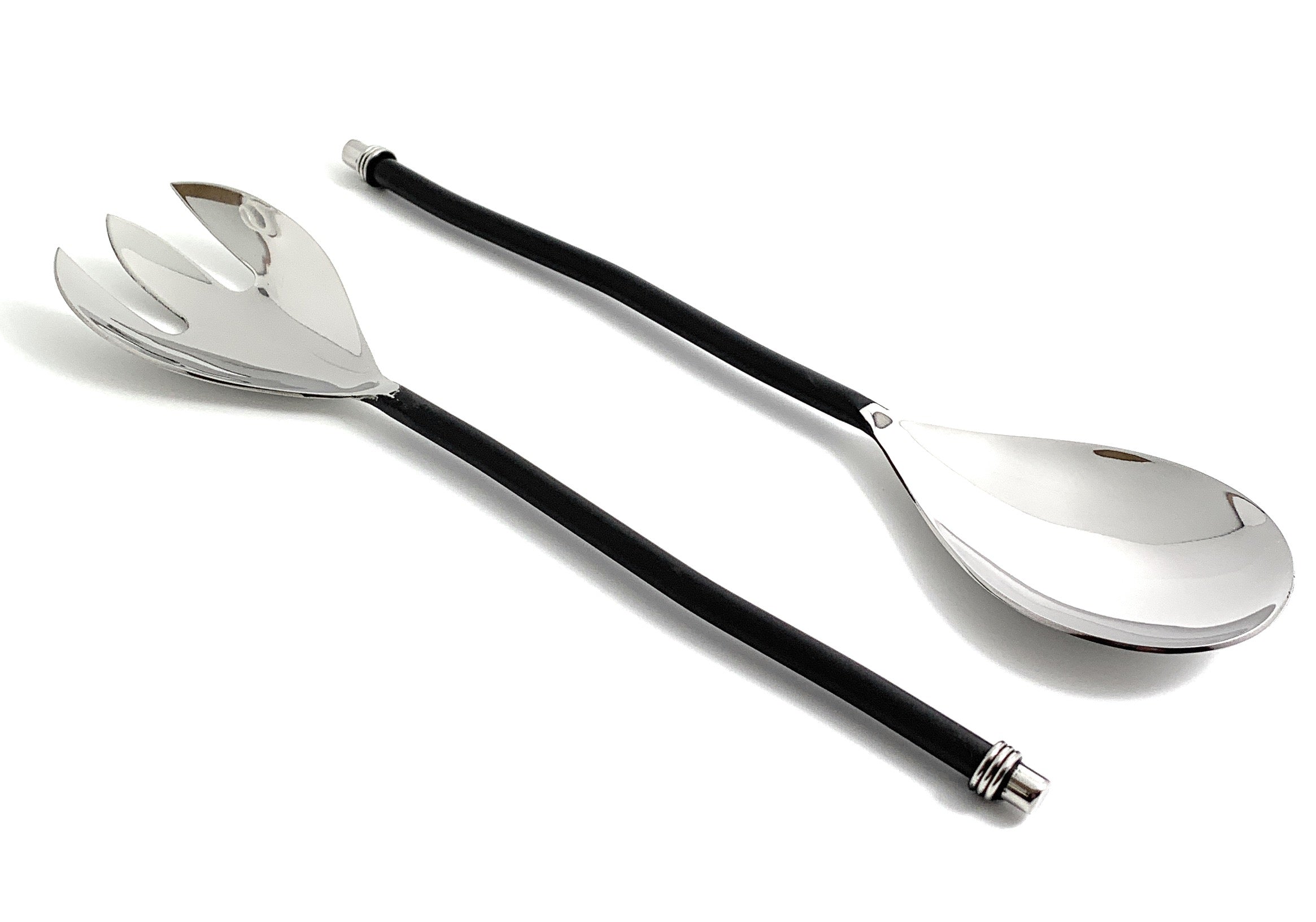 Set of two Vibhsa salad servers with twisted black handles and silver serving ends
