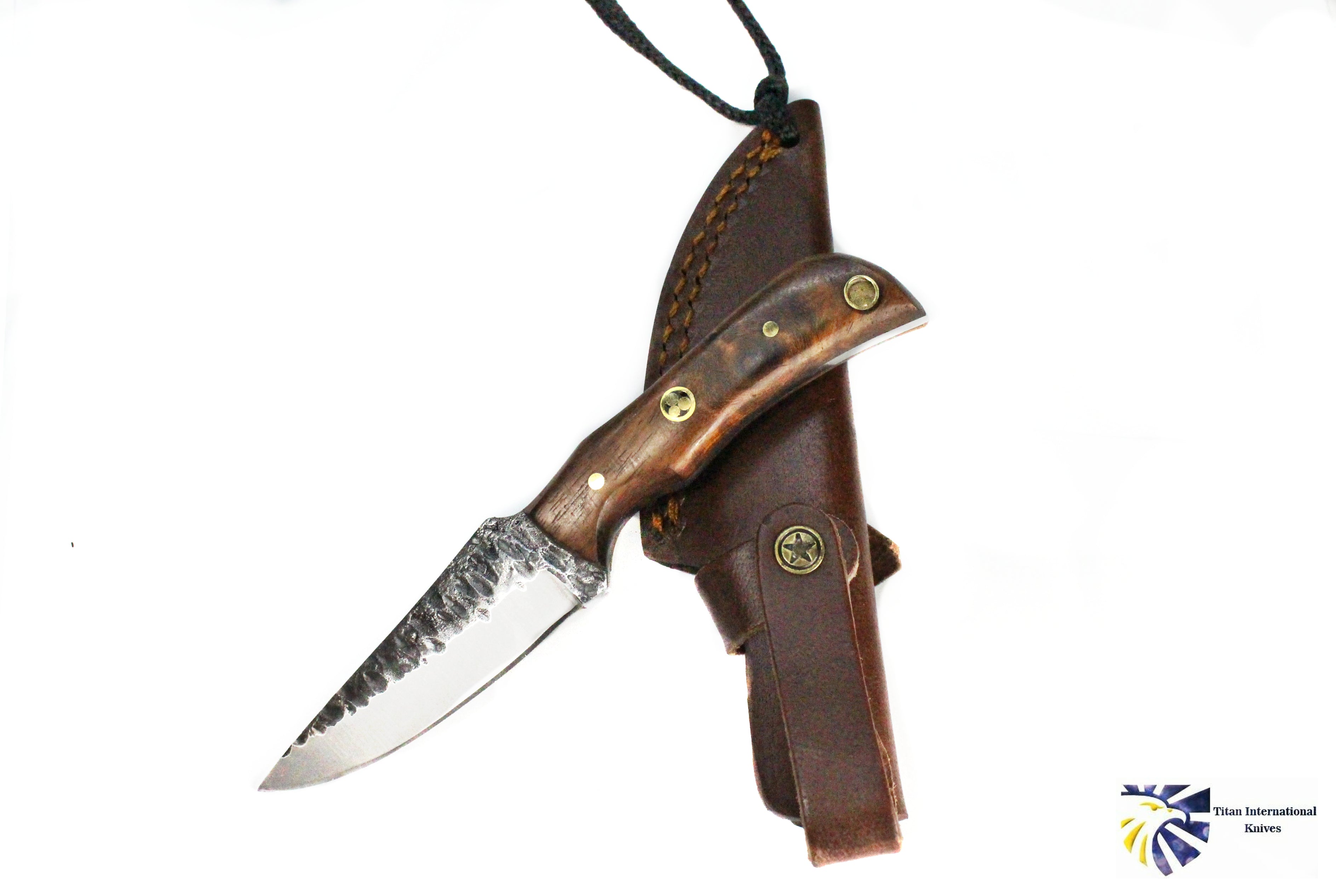 E3 Carbon 1080 neck knife with forged scales, MINI /ROSEWOOD GRIP BY TITAN TC-003 detail image - Resin Society
