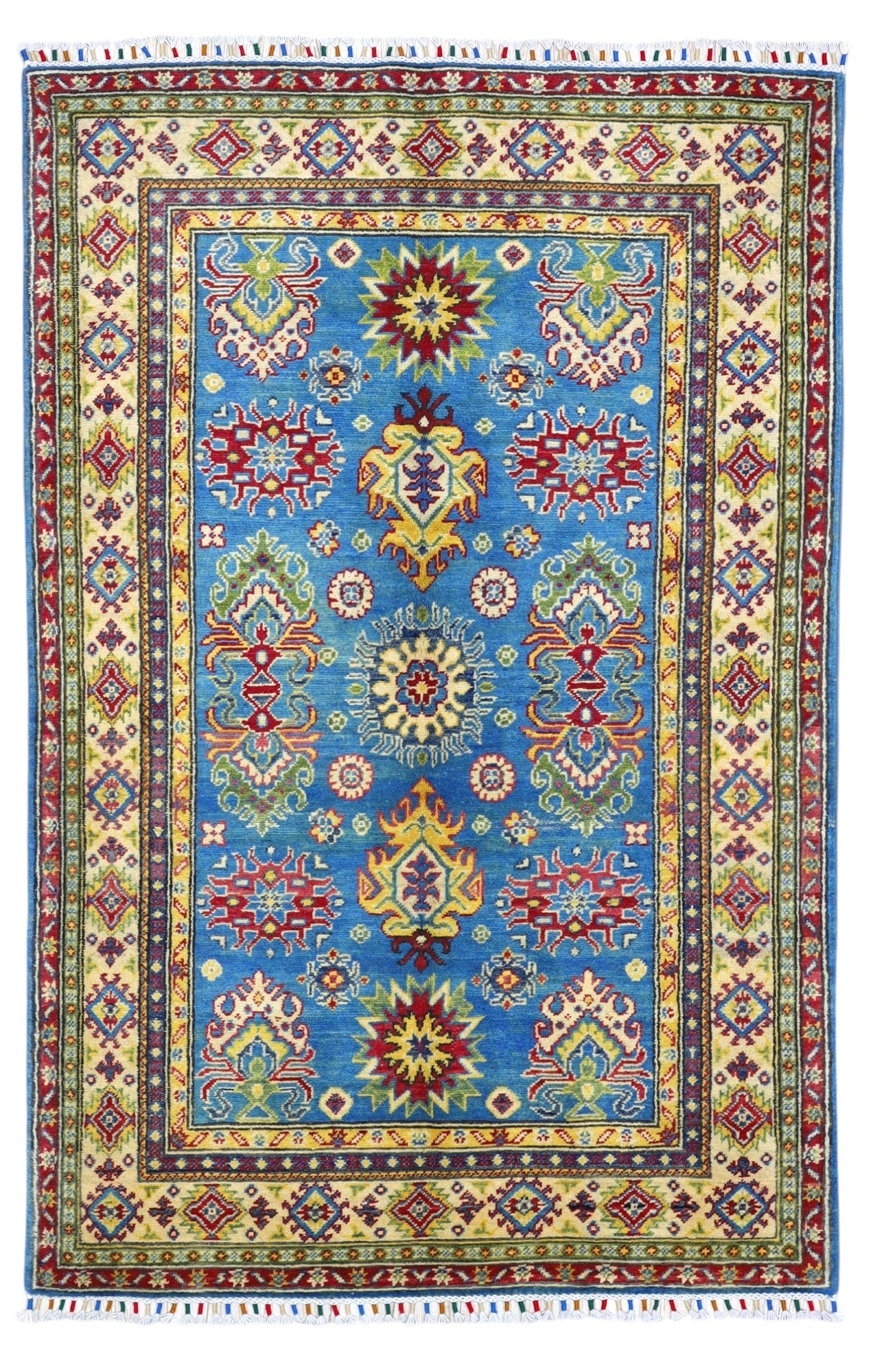 Hand-knotted Afghani Kazak wool rug featuring blue and cream traditional geometric designs, laid in a living space