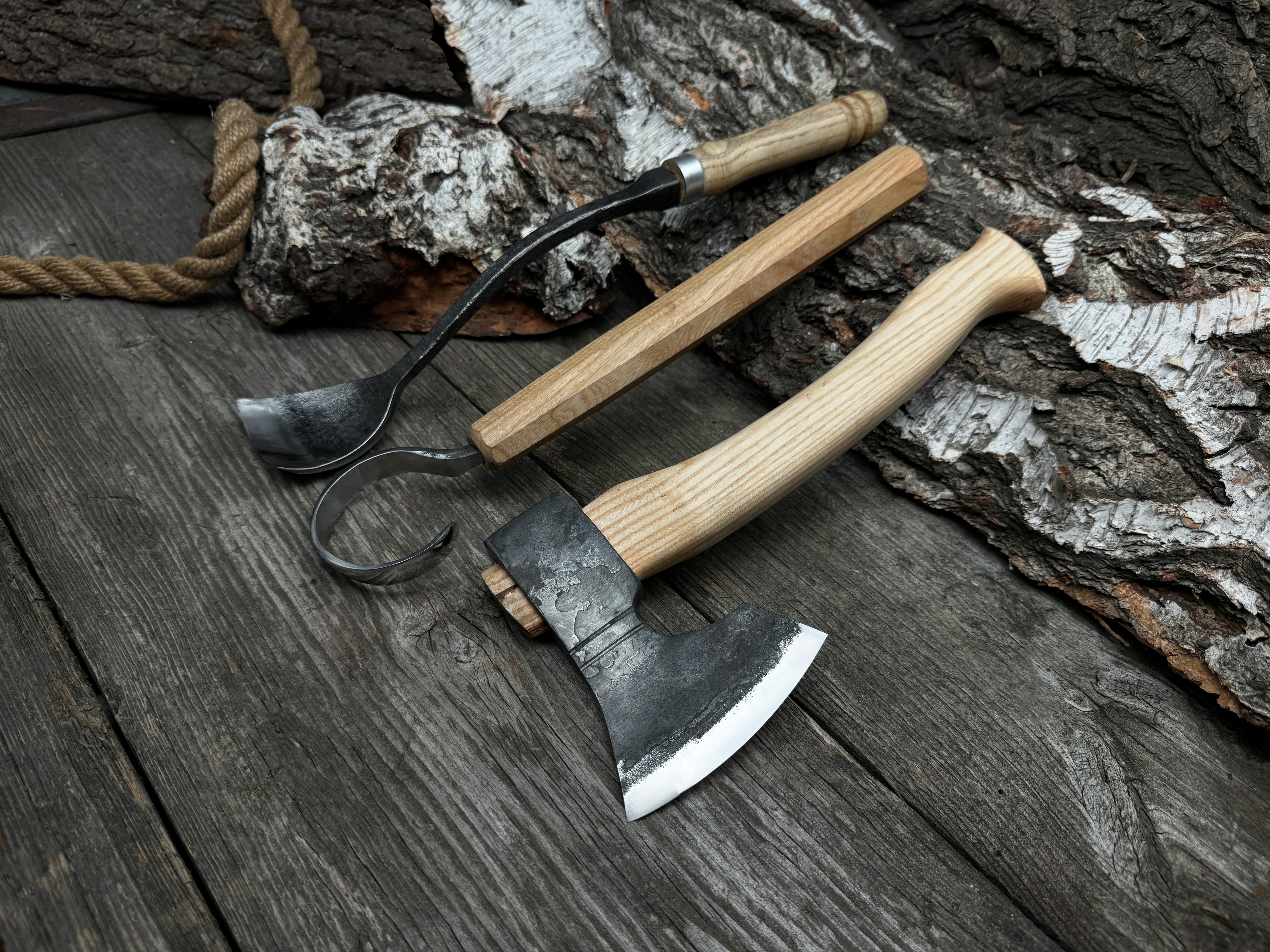 Small Wood Carving Kit WS3 with hand-forged carbon steel blades and ash wood handles