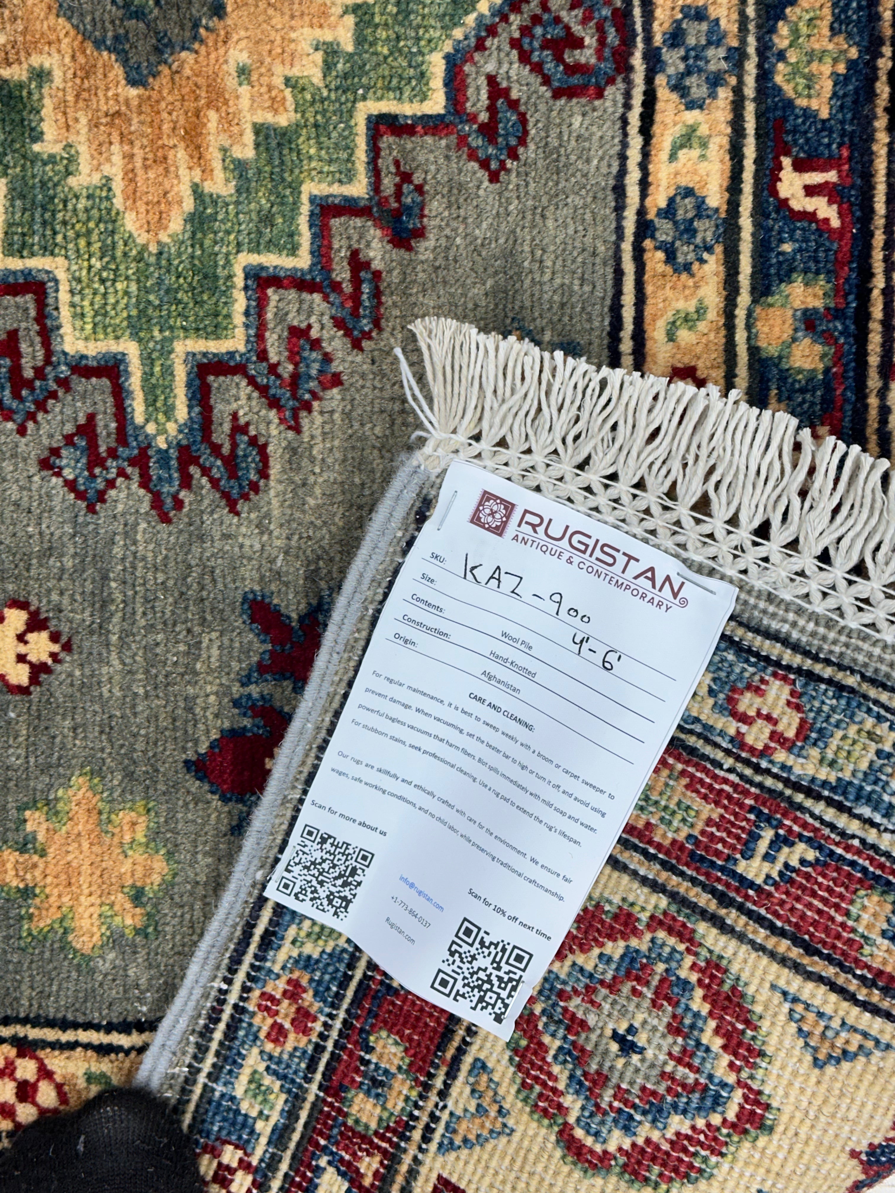 Hand-Knotted Afghani Kazak Wool Rug – 4’ x 6’